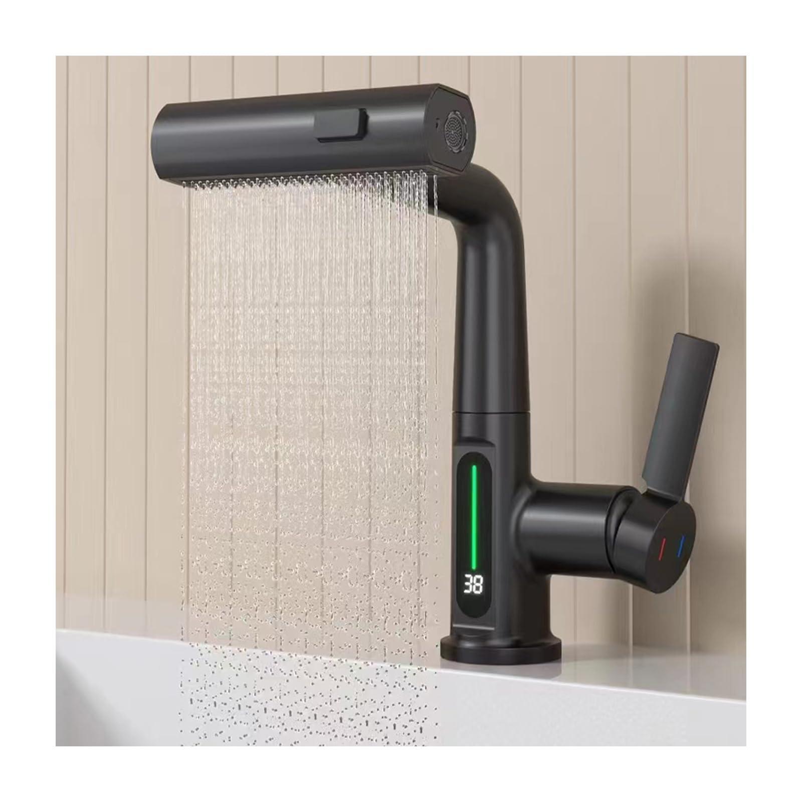 SOHNVWTGD LED Temperature Display Bathroom Faucet with Liftable Waterfall Single Hole Basin Mixer Faucet Featuring Pull Down Sprayer in Black Color