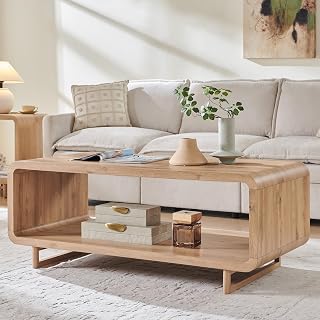 IFGET 48" Modern Coffee Table, 2-Tier Curved Center Table, Natural Oak - Amazon product rated Grade A
