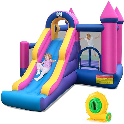 BOUNTECH Inflatable Bounce House, Princess Bouncy House with Long Slide & Ball Pit & Basketball Pit for Kids 3-10, Birthday Party Toddler Bounce House with Blower, Great Gift for Kids Backyard