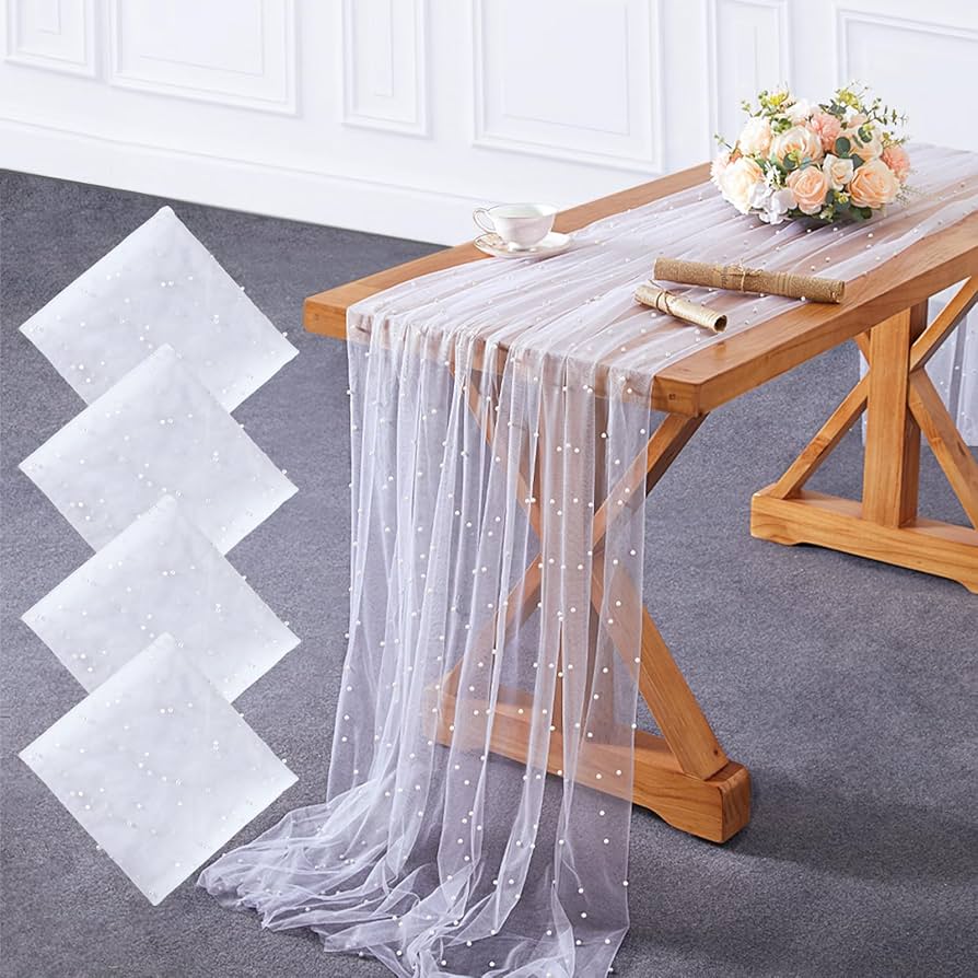YOUMEHOME Pearl Tulle Tablecloth White Table Cloth 4 Pieces