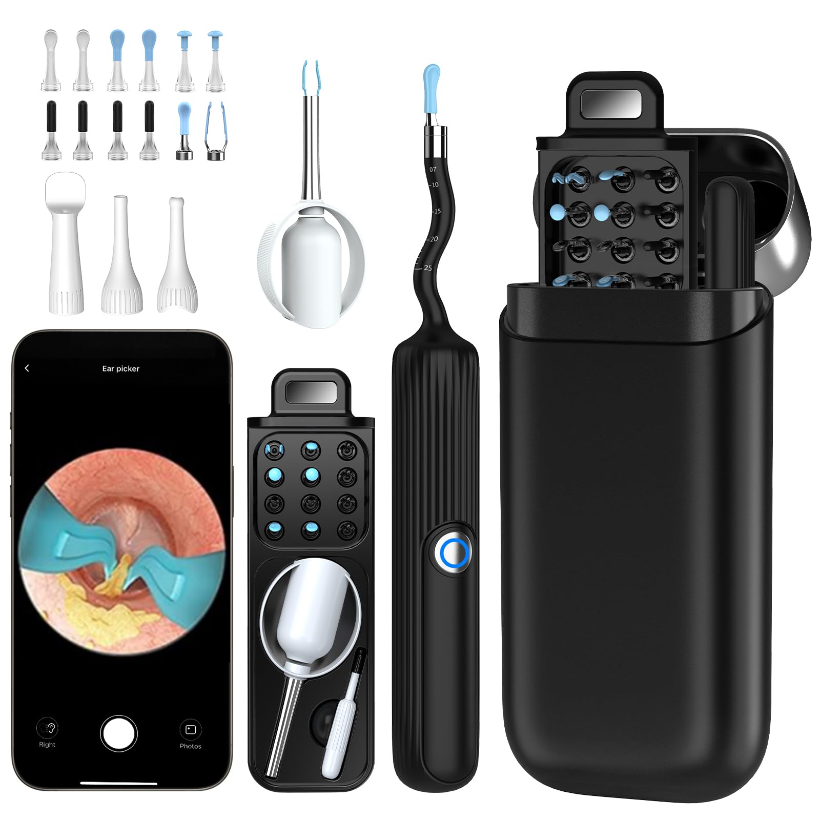 Ohrenschmalz Entferner Otoskop, AZHE 1080P HD Flexibler Ohrreiniger mit Pinzette, Wasserdicht Ohrenreiniger, 3.1mm Ohrreiniger mit Pinzette, für Erwachsene, Kinder und Haustier, Schwarz