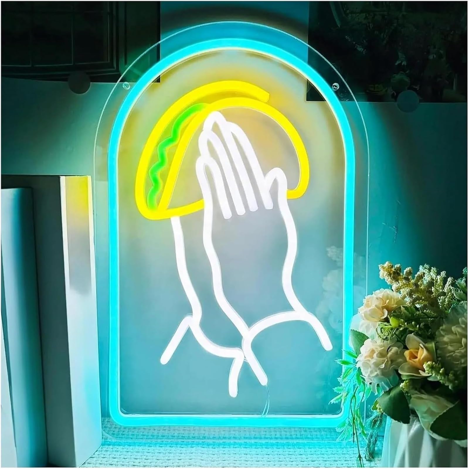 Zynther Neon lamp Praying Hands Holding Tacos for neon Sign Dimmable LED Light for Powered for Food Shop Wall