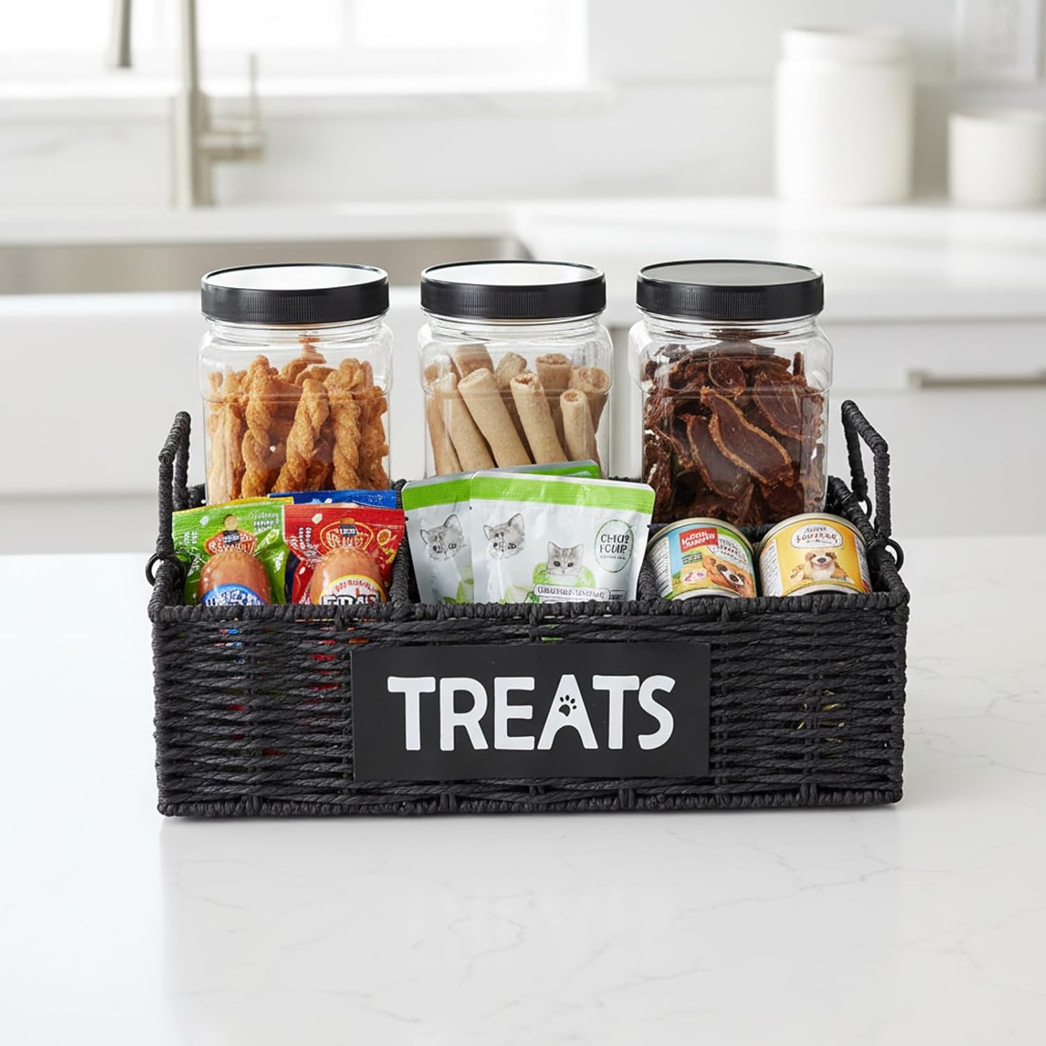 Dog Treat Container for Countertop,3pcs Pet Dog Treat Jars 1 Liter,4-Compartments Dog Treat Organizer,Woven Paper Rope Basket with Metal Frame for Pet Treats-Black