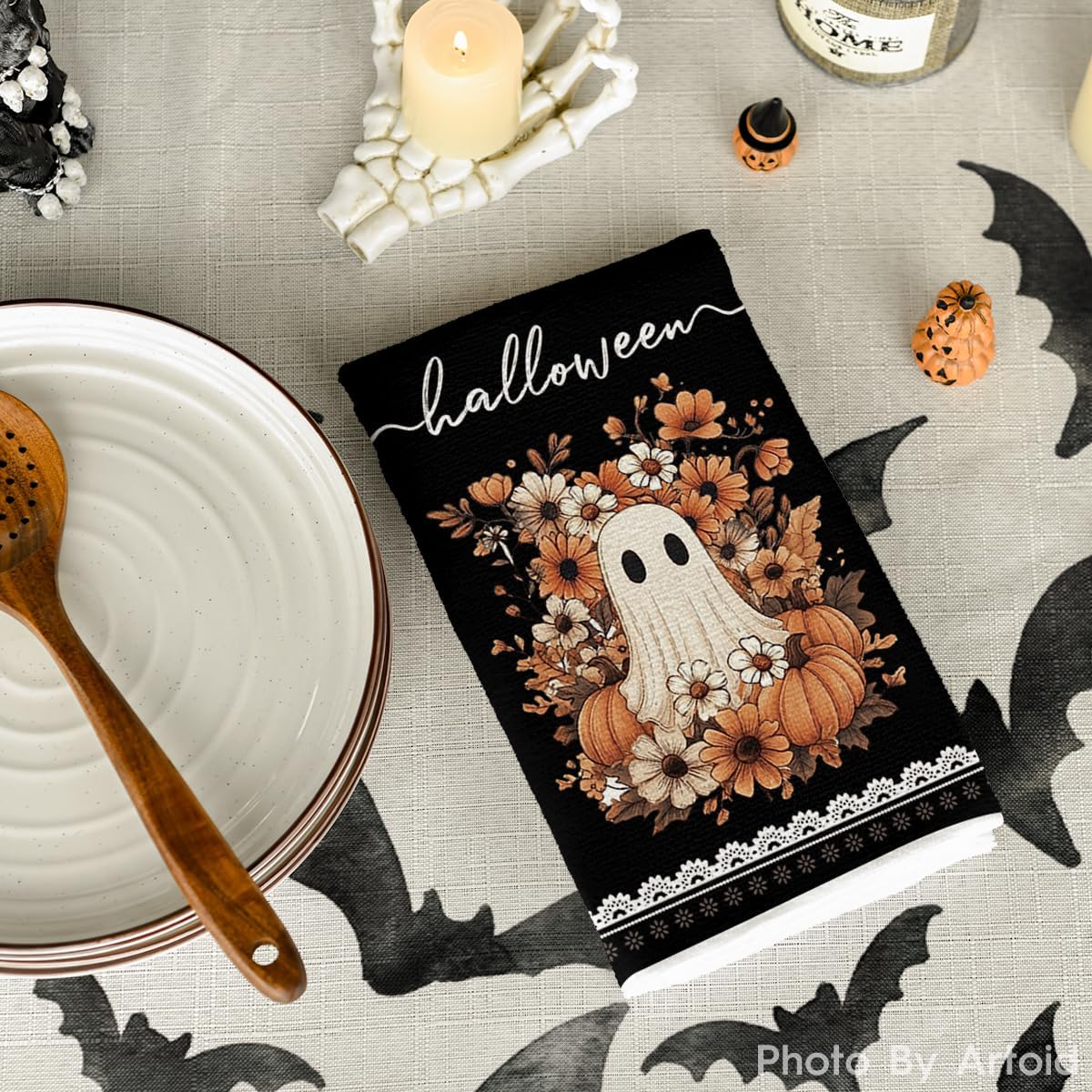 Artoid Mode Black Ghost Moon Halloween Kitchen Towels Set of 2 18x26 Inch