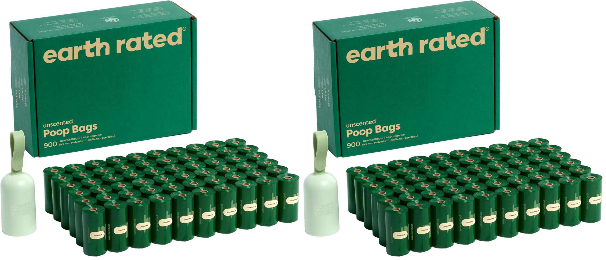 Earth Rated Dog Poop Bag Holder, Durable and Guaranteed Leakproof, Unscented, 1 Dispenser and 900 Bags (Pack of 2)