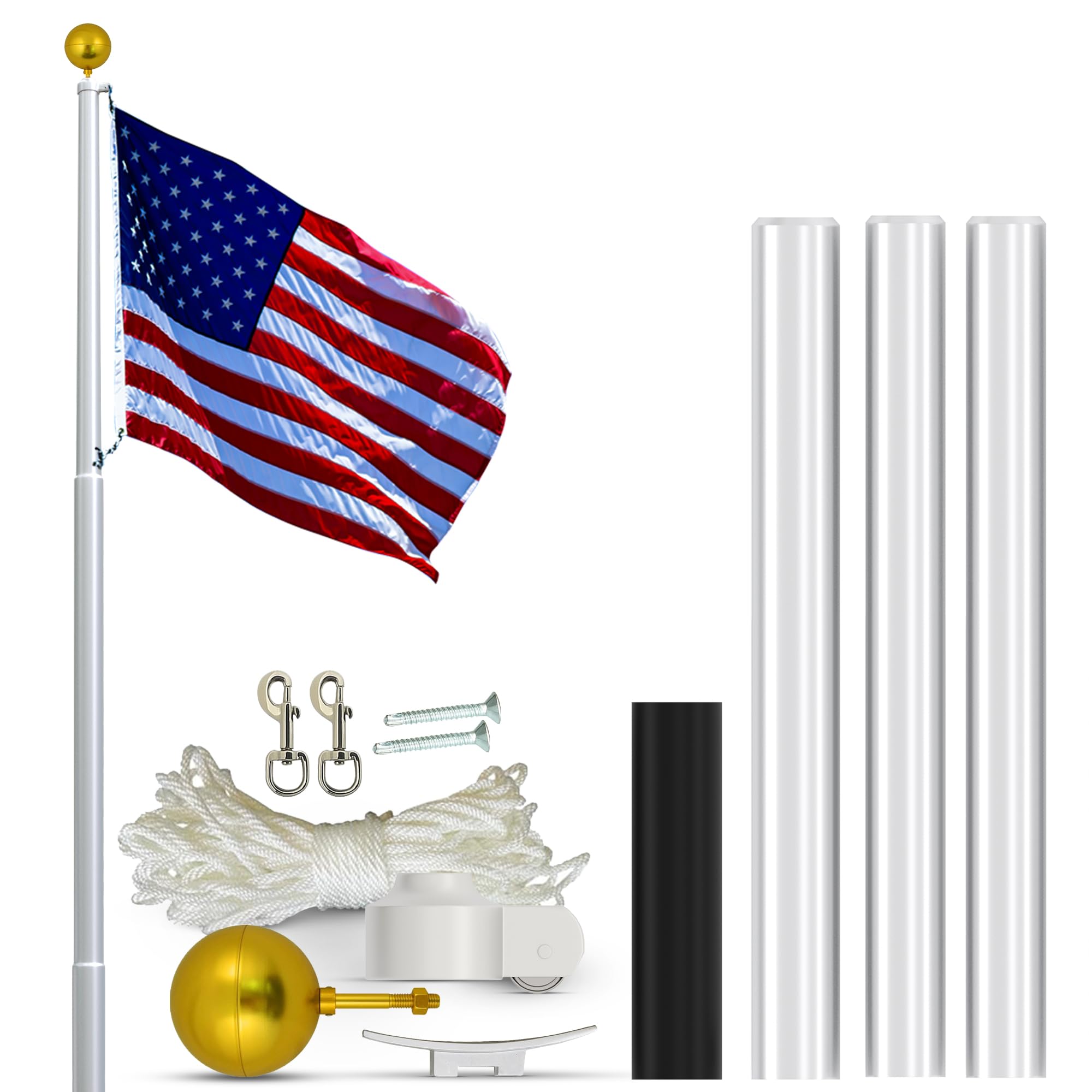 Super Tough USA-Made 20ft Heavy Duty Flag Pole for Outside House - Clear Anodized - Residential In-Ground Flagpole - 3-Section High-Grade Aluminum - Includes All Accessories