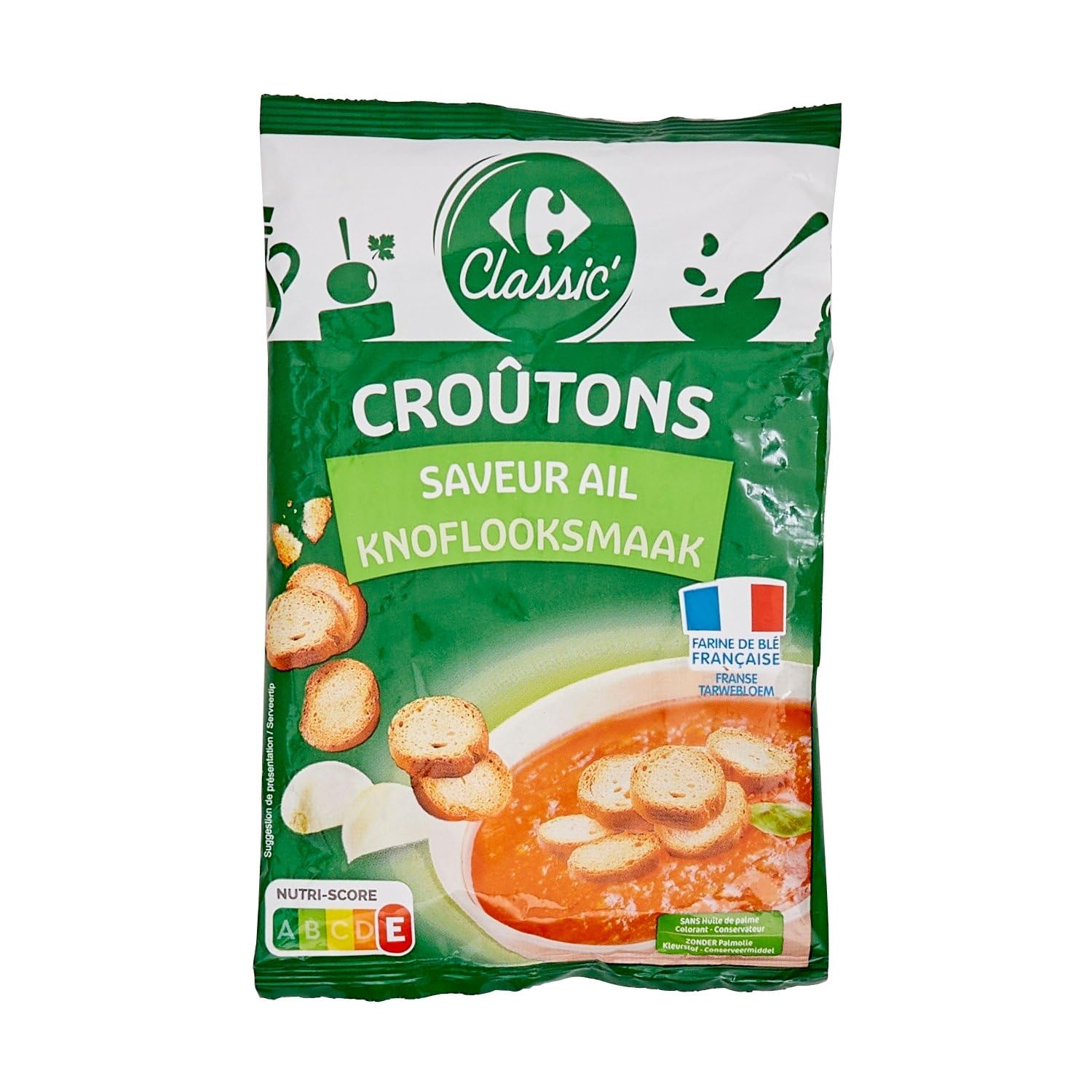 CARREFOUR CLASSIC – Croûtons Savoureux à l’Ail, Texture Croustillante pour Salades et Soupes (Sachet 90g) - Le Lot De 4
