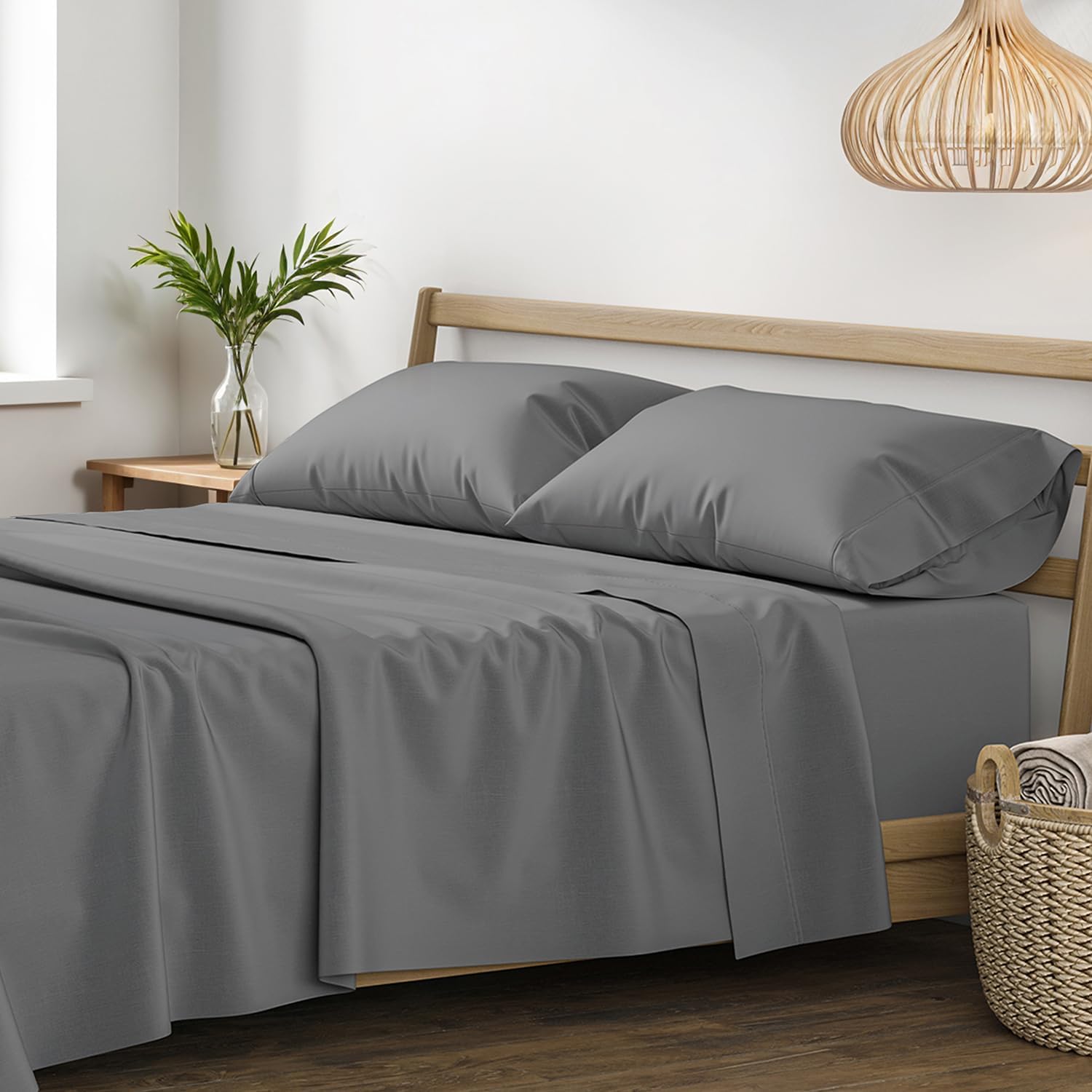 XOOX Linen 100% Egyptian Cotton Queen Sheet Set - Luxury 1200 High Thread Count Egyptian Cotton Sheets Queen Size (4 PC, Dark Grey), Silky Soft, Cooling, 17" Deep Pocket Sateen Weave Hotel Bedding