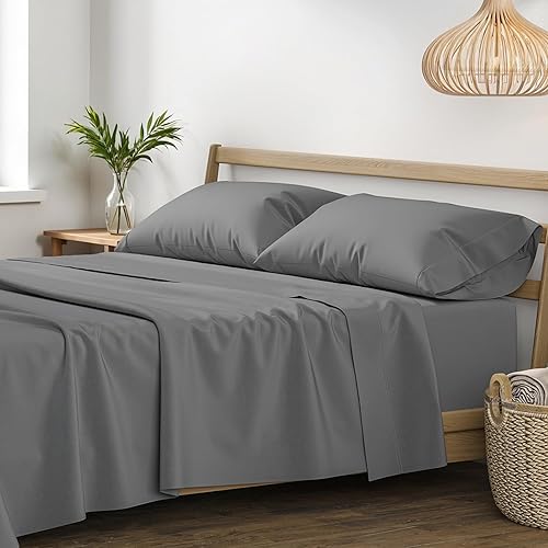 XOOX Linen Juego de sábanas 100% algodón egipcio, sábanas de lujo de 1200 hilos de algodón egipcio tamaño Queen (4 piezas, gris oscuro), suave como