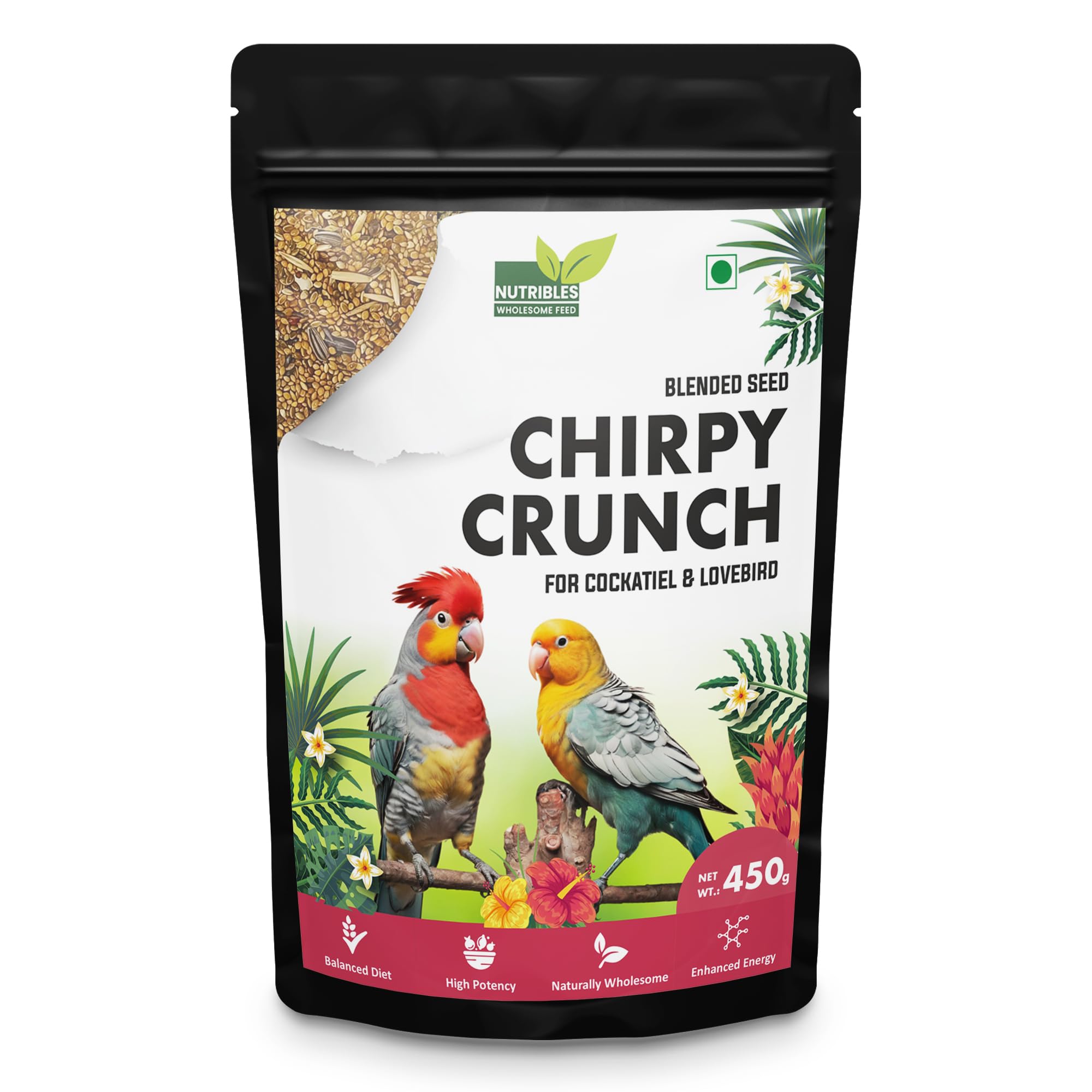 Nutribles Chirpy Crunch- 450GMS | Blended Seeds for Cockatiel and Lovebirds | Bird Food Mix with Essential Nutrients | Natural-Formula | Enhance Feather, Bone & Beak (B0CP5R74W3) Amazon Price History, Amazon Price Tracker