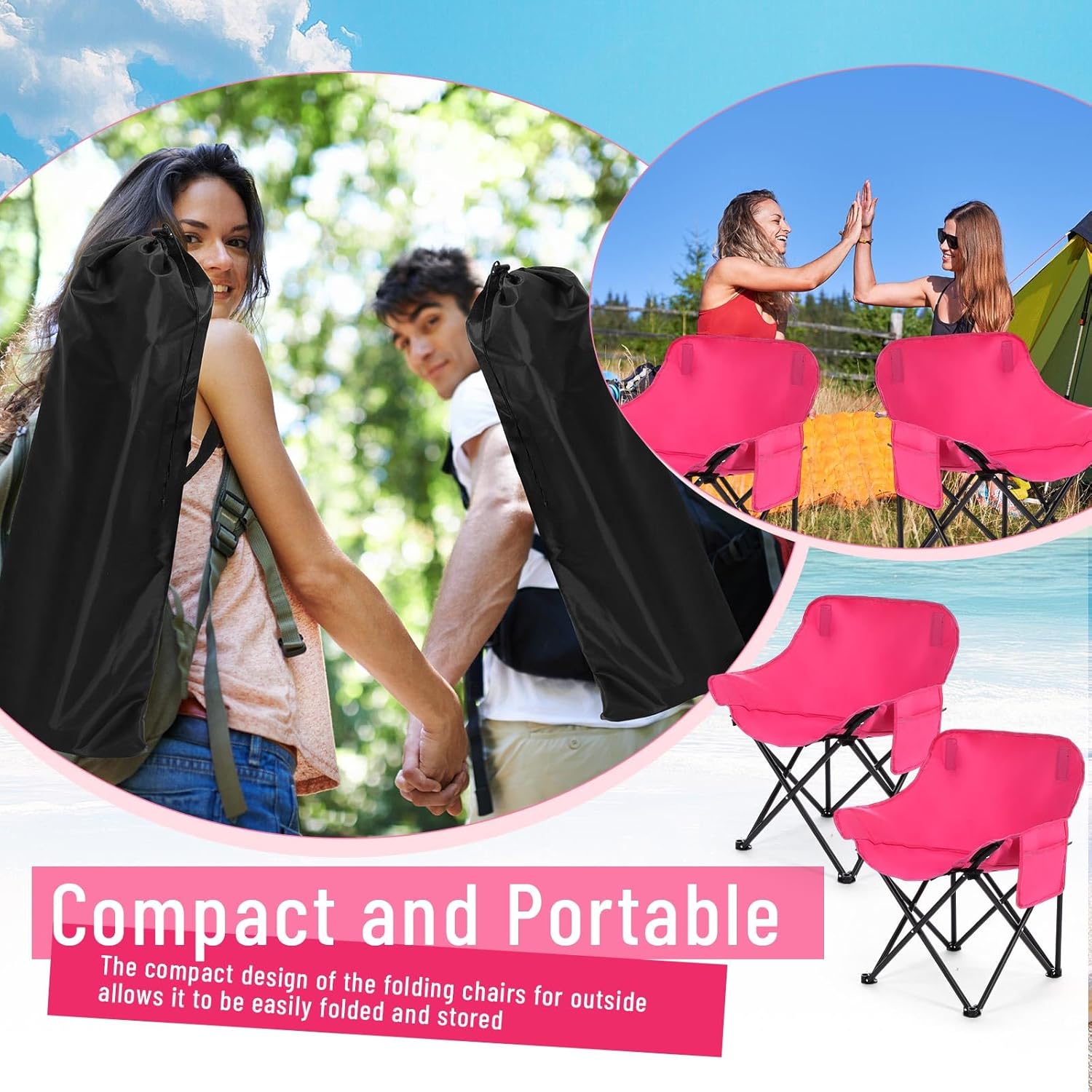 2 Pack Compact Camping Chairs Portable Folding for Outside with Carry Bag Lightweight Moon Chairs for Travel Picnic Hiking Beach Fishing, 600D Oxford, Supports 330lbs(Pink) - Image 6