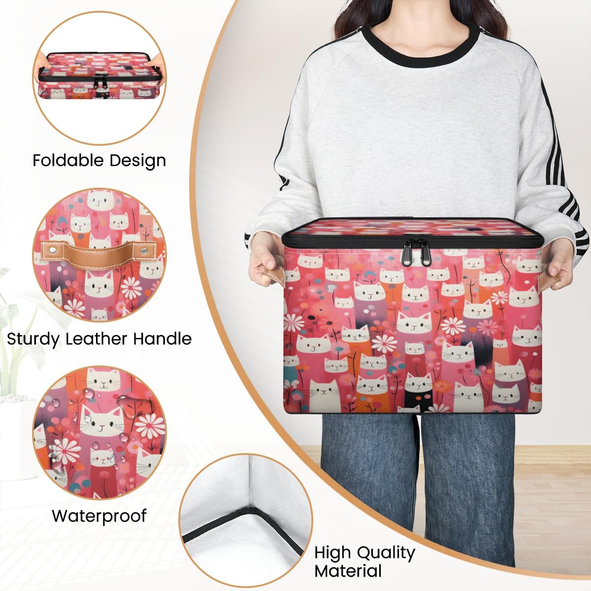 Storage Bin Set of 2 Cats Florals Storage Basket with Zipper Lid & Handle Foldable Closet Shelf 2 Pack Cloth Organizer Basket Cube Bins Clothes Organizer for Bedroom, Nursery