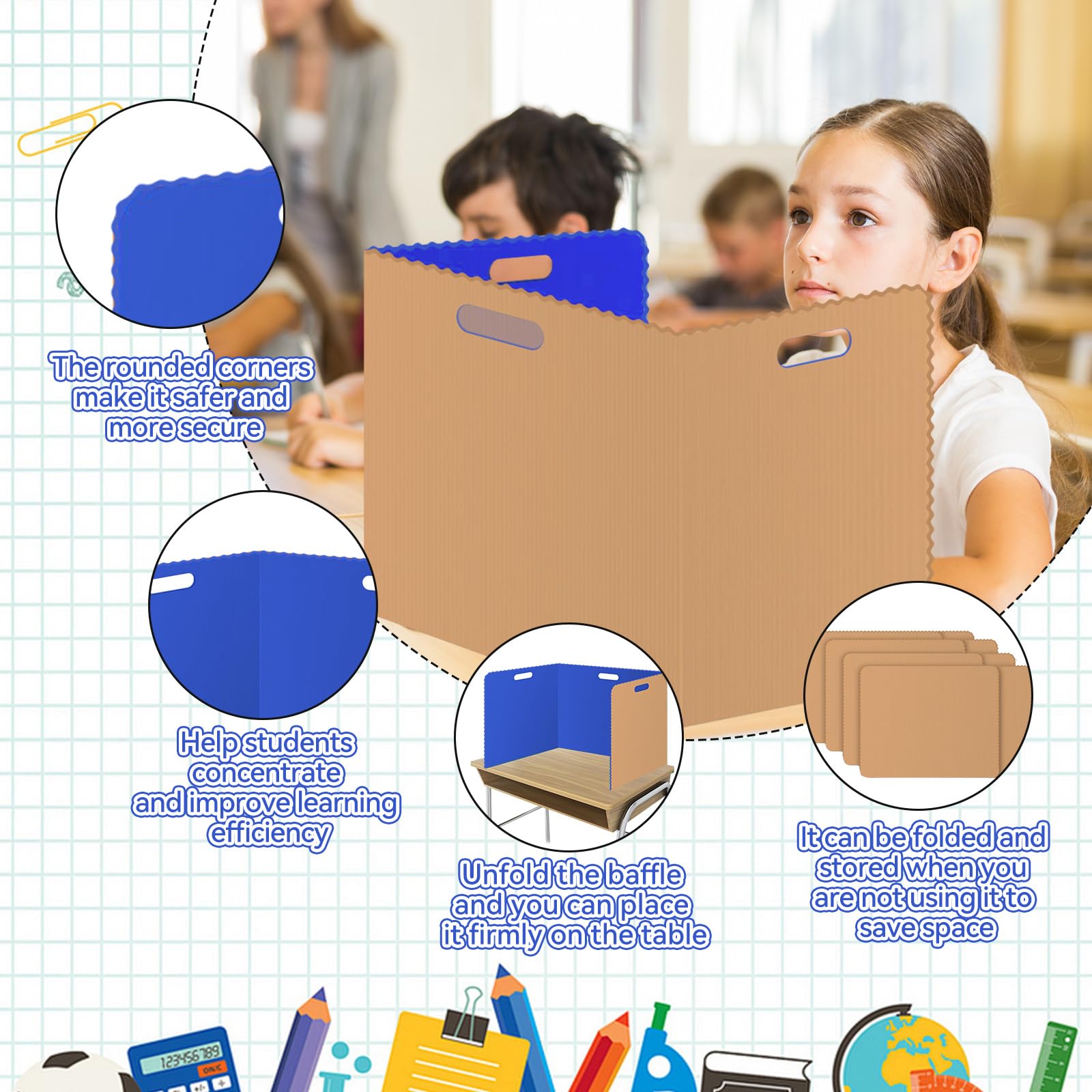 Schreibtische Sichtschutzteiler Schüler Set Privatsphäre Testbretter Study Carrel Klassenzimmer Sichtschutz Panel Stern Sichtschutz Ordner für Schule Lehrer Studium Test Home Office (Blau)