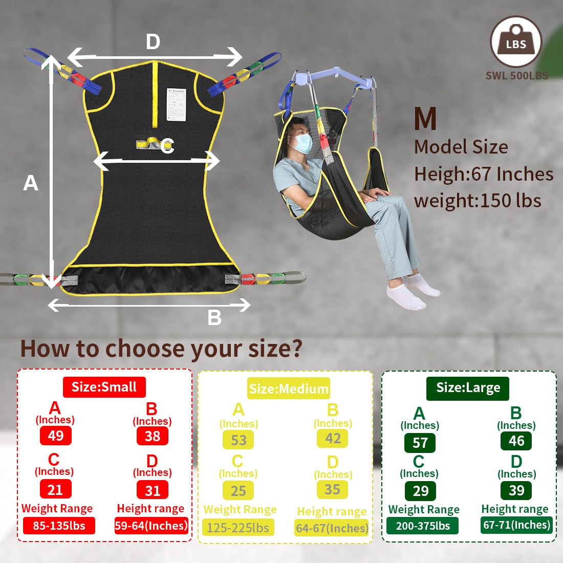 Sling de levage corporel complet EZ Assistive 225kg–Sling de transfert en mesh ultra-résistant pour fauteuil roulant, toilettes et douche (S)