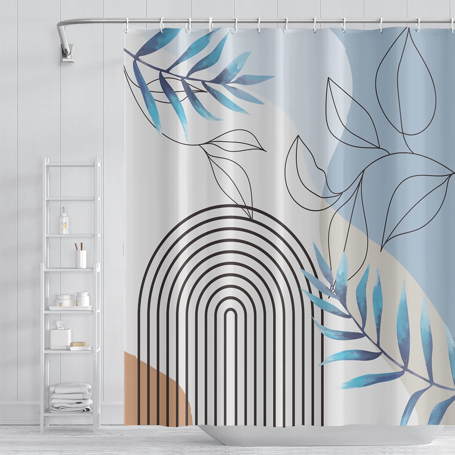 Umpoo Abstract Mid Century Bathroom Shower Curtain Bohemian Eucalyptus Leaves Stripes Arch Light Blue Shower with Hooks Waterproof Fabric Polyester,