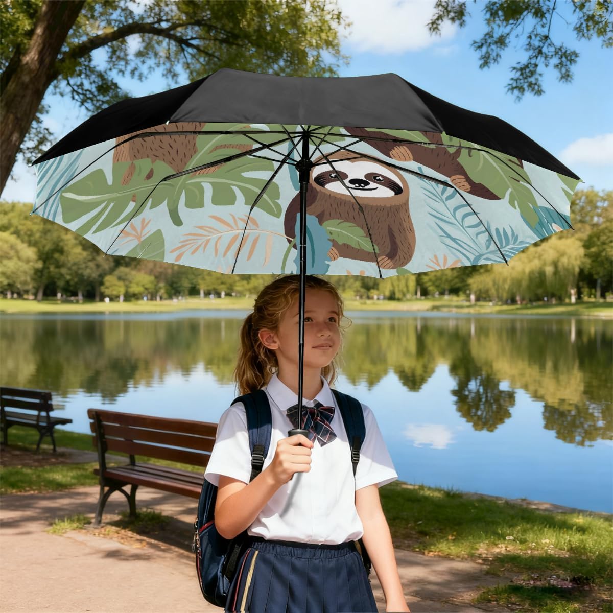 Cute Sloth Tropical Palm Leaves Folding Umbrella Windproof Compact Lightweight Travel Umbrella with 8 Reinforced Ribs, Portable UV Sun & Rain Protection for Men & Women