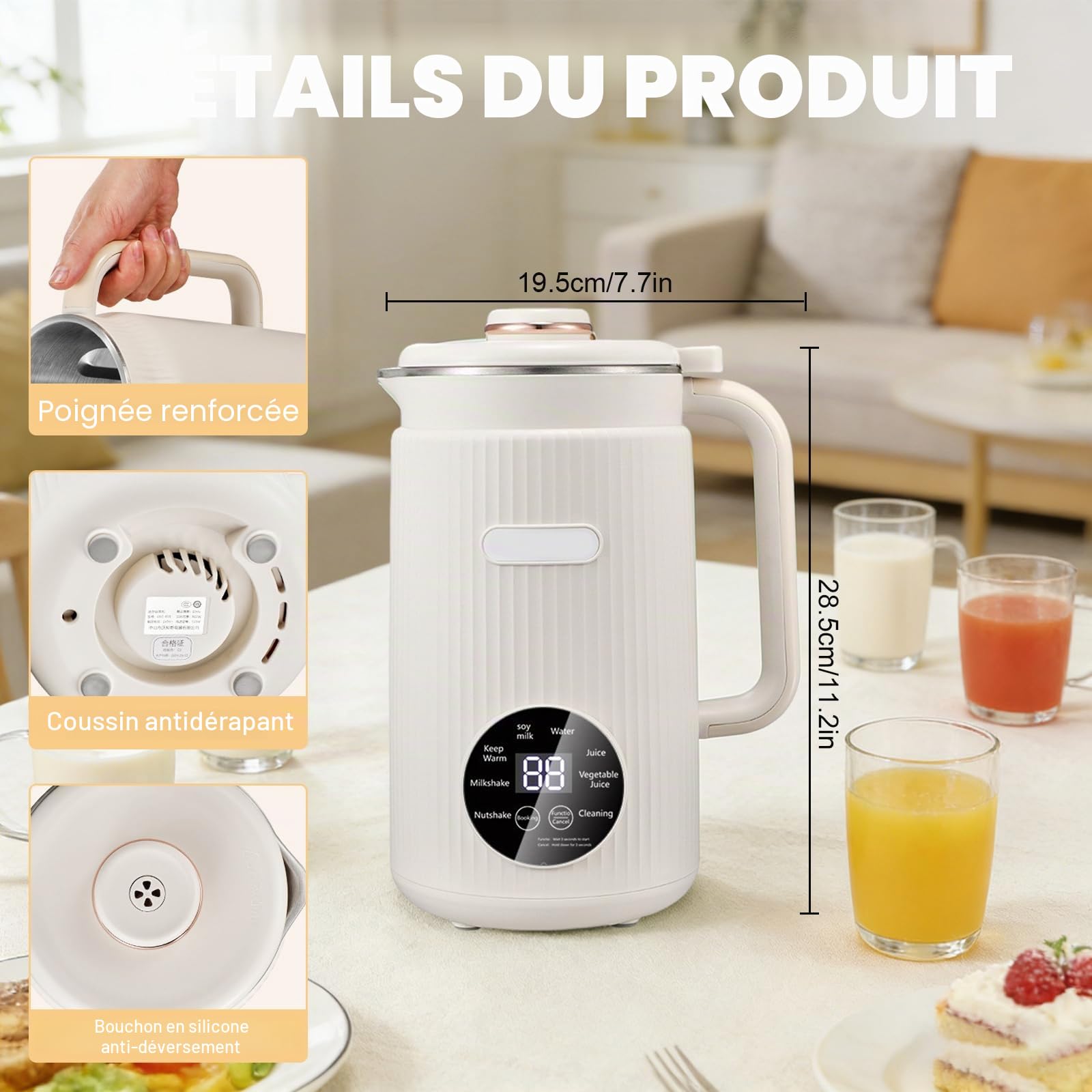 Machine à lait de noix, 1200 ml Machine automatique à lait de soja avec autonettoyage, préparateur de lait végétal 8-en-1 avec minuteur, machine à lait de noix pour lait d'avoine, lait d'amande, lait