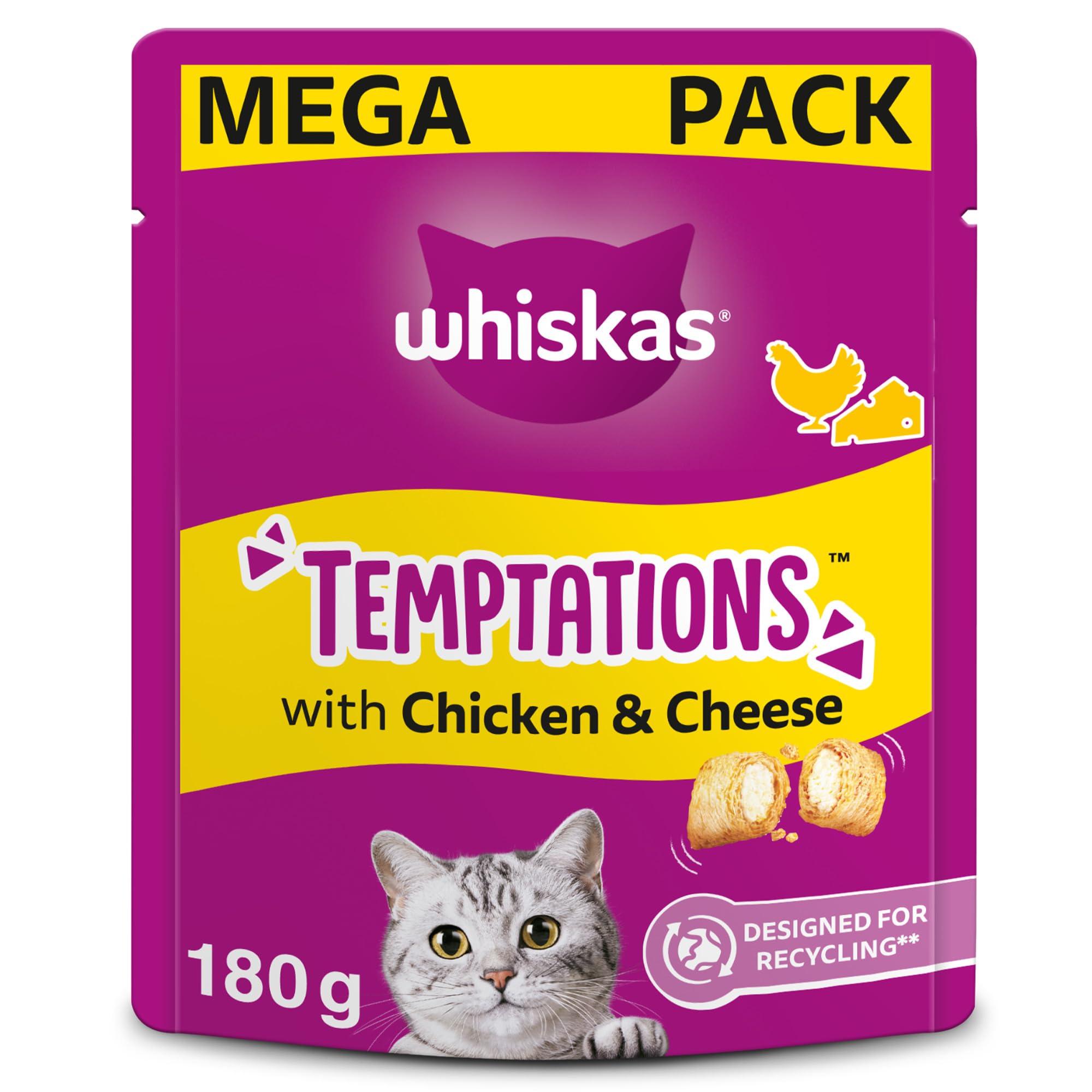 WHISKAS Temptations - Tasty, Crunchy Treats for Adult Cats, Small Bite Size Snacks with a Delicious Chicken and Cheese Filling, 4 x 180 g Packets - Pack May Vary