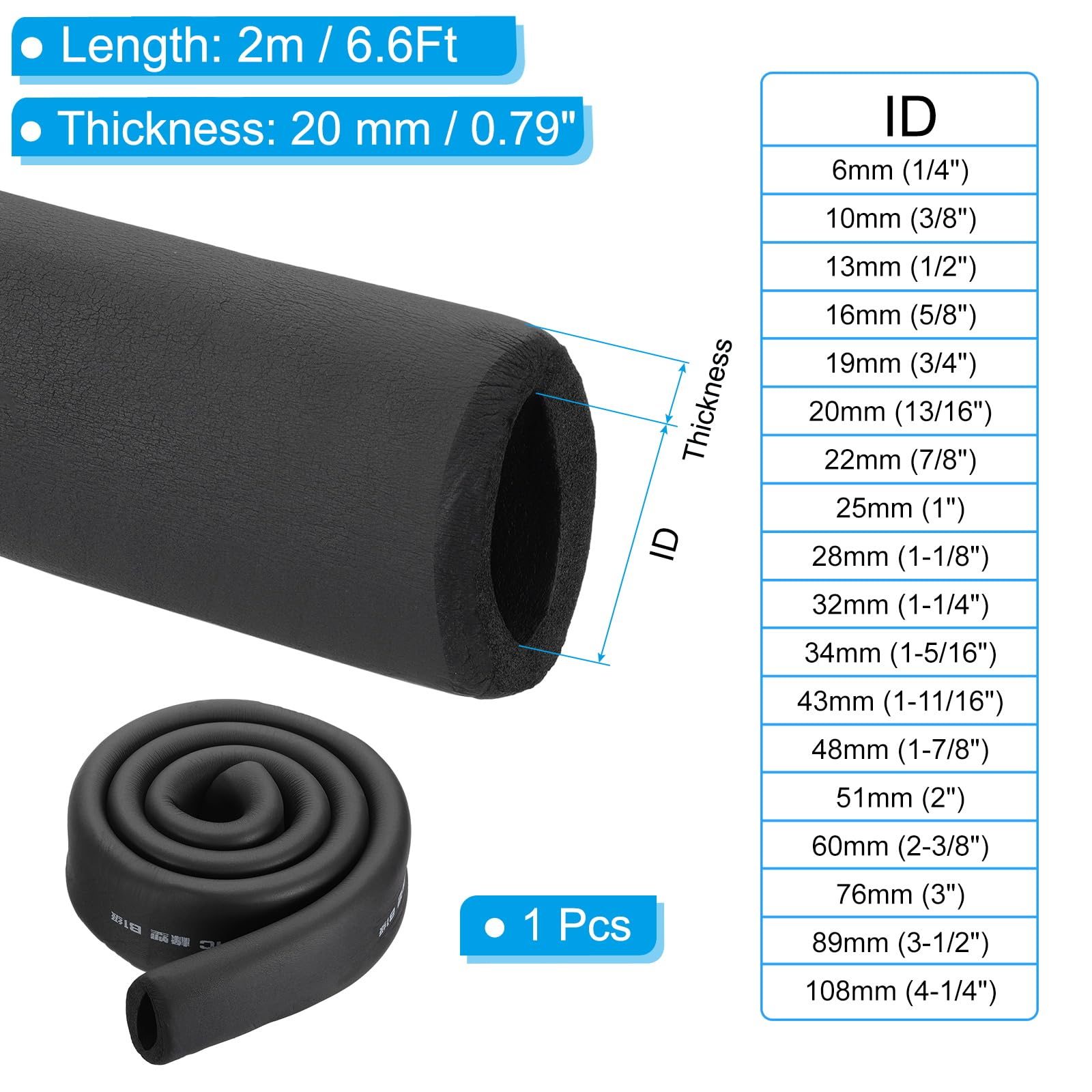 PATIKIL 2-3/8 cala (60 mm) ID x 6,6 m rury izolacyjne rurki piankowe, osłona rury, owijka rolkowa, rura wyściełająca, do uchwytu uchwytu HVAC, zewnętrzne klimatyzatory, czarne