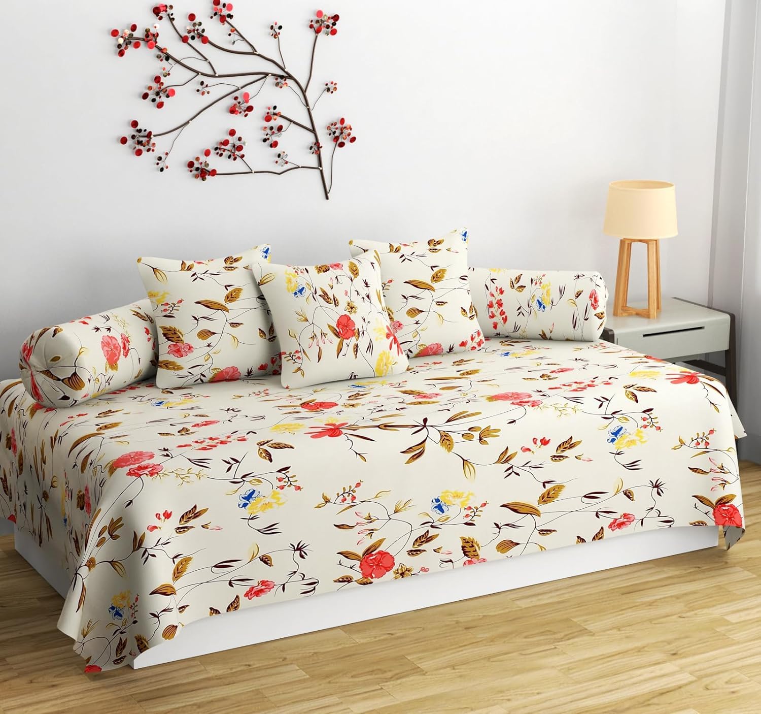 Collection Cotton Feel Cream Floral Red Flower Printed Diwan Set Covers Cotton 3D Flower Printed 6 Pieces Diwan Set (1 Single Bedsheet, 2 Bolster Covers, 3 Cushion Covers) (3D-Multi)-image-17