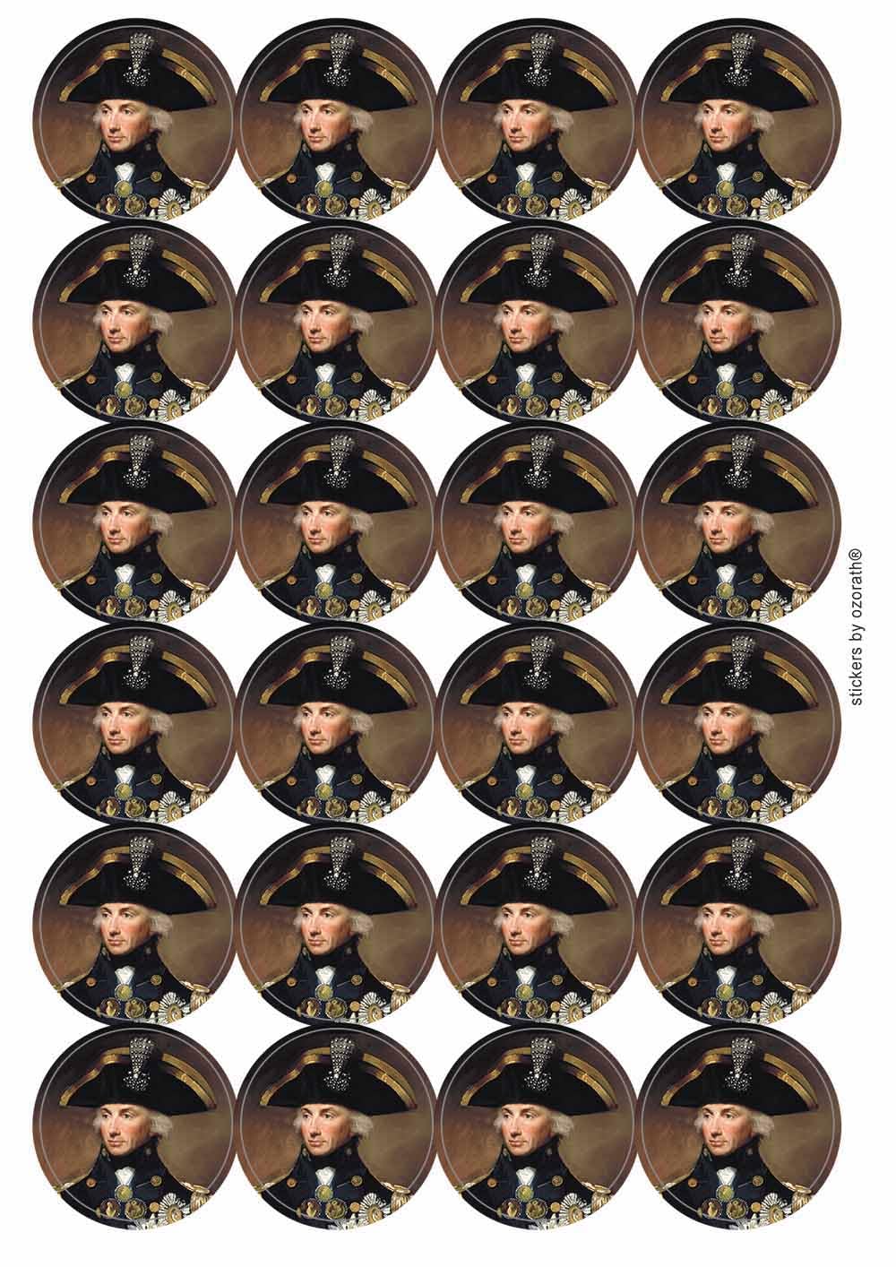 Admiral Horatio Nelson Circular Matt Paper Stickers A4 Sheet of 24 (Each Sticker is 45mm Diameter)
