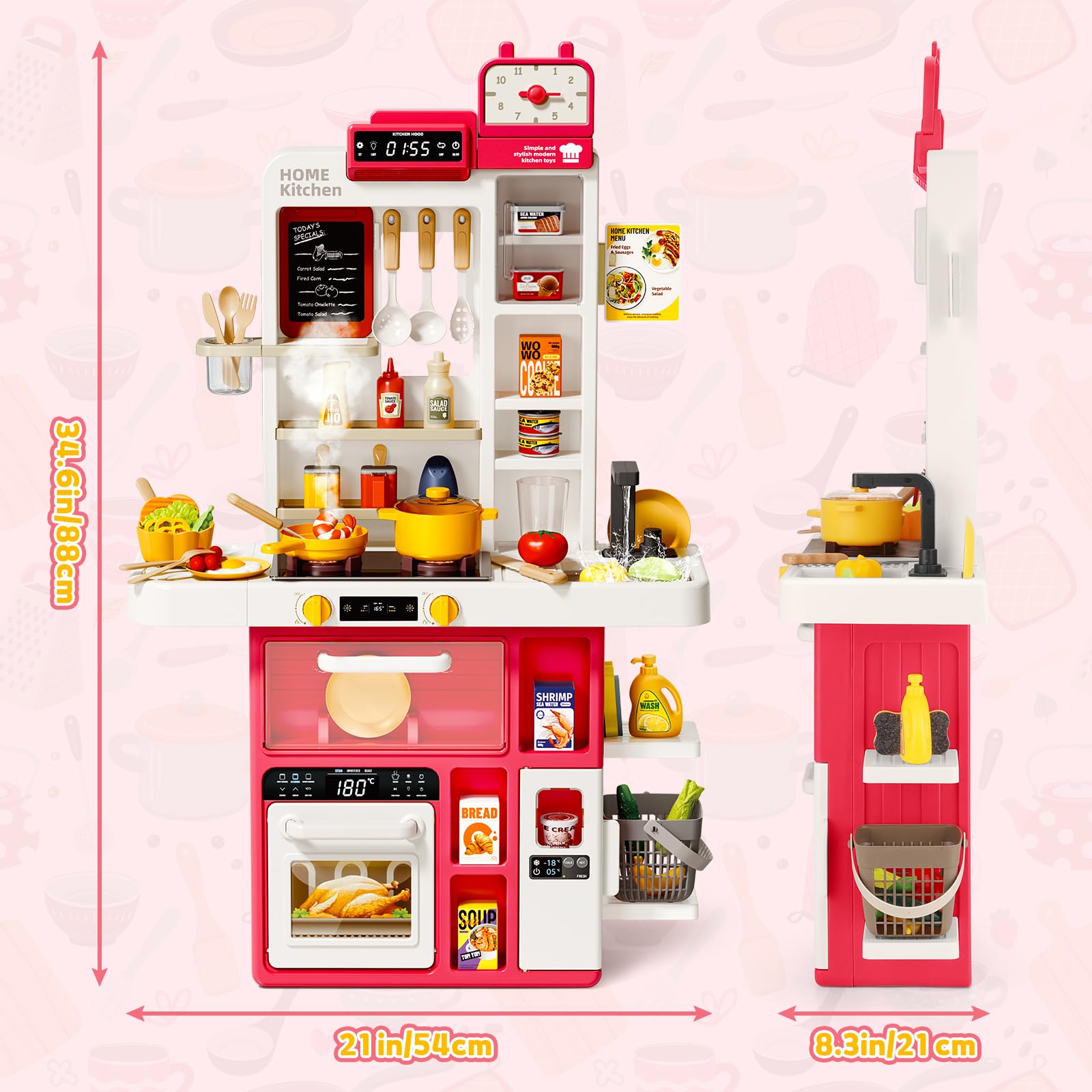 deAO Cucina Giocattolo per Bambini, 69 Pezzi con Luci, Suoni Cottura, Effetto Fiamma, Funzione Acqua con Vaporizzatore e Rubinetto, Fornello e Forno – Regalo 3+ anni(rosso)