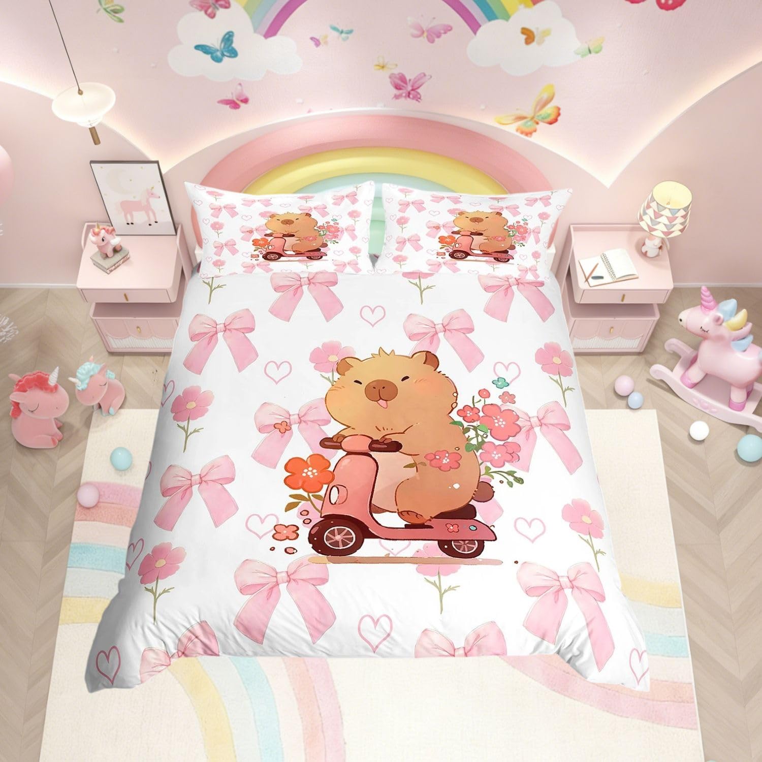 Homewish Kids Cute Capybara Duvet Cover Set Girls Pink Bow Bedding Super King - Cartoon Capybara with Scooter Quilt Cover Princess Style Kawaii Bowknot Bed Sets Pink Reversible - 2 Pillowcases