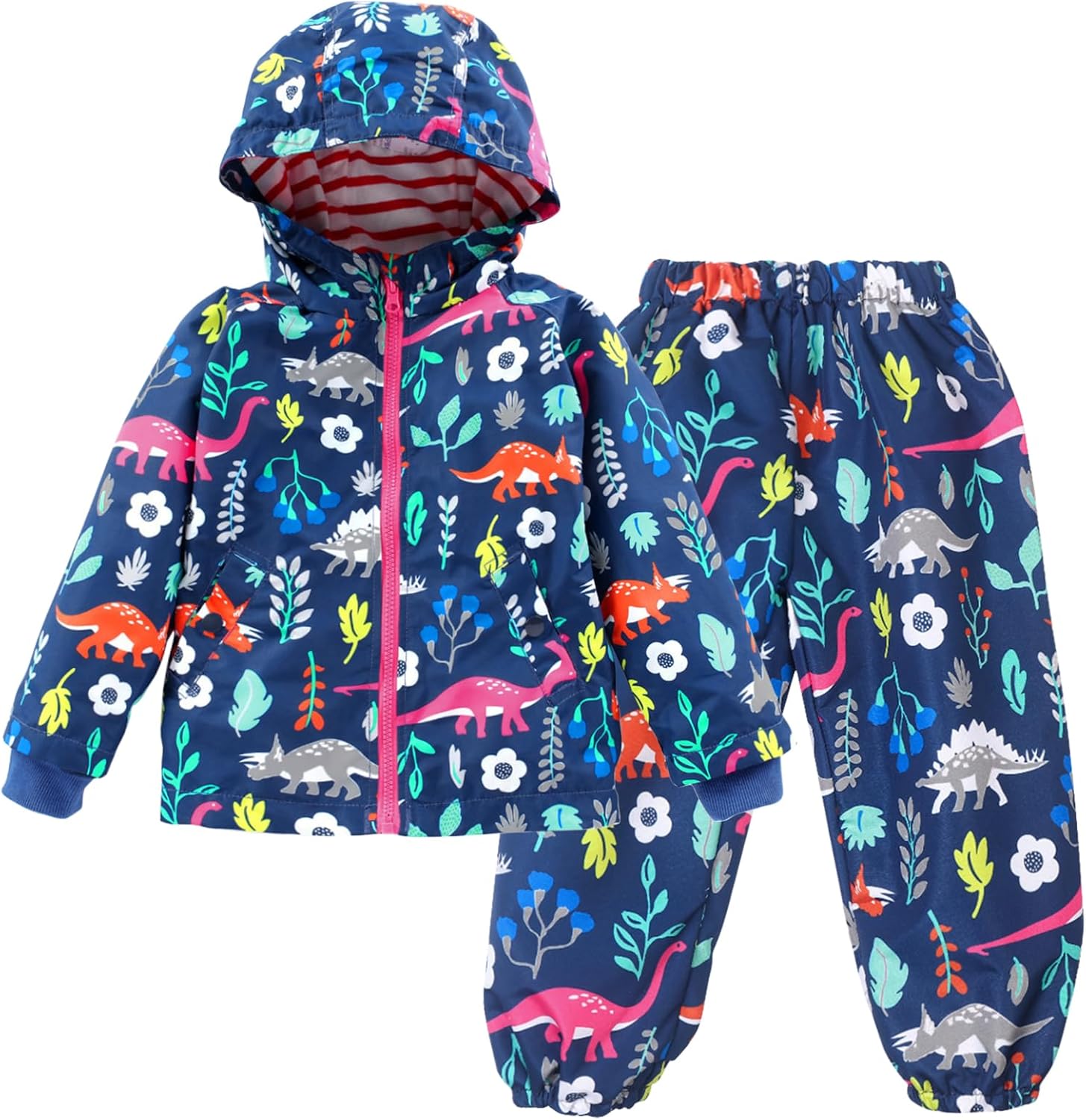 LZH Toddler Boys Girls Raincoat Waterproof Hooded Jacket Dinosaur Coat+Pants Suit