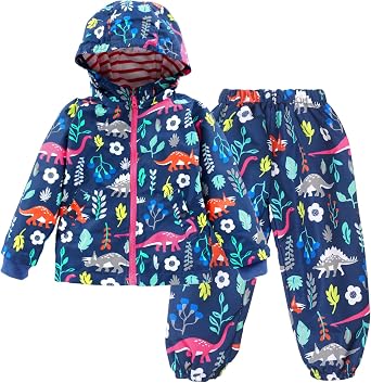 LZH Toddler Boys Girls Raincoat Waterproof Hooded Jacket Dinosaur Coat+Pants Suit