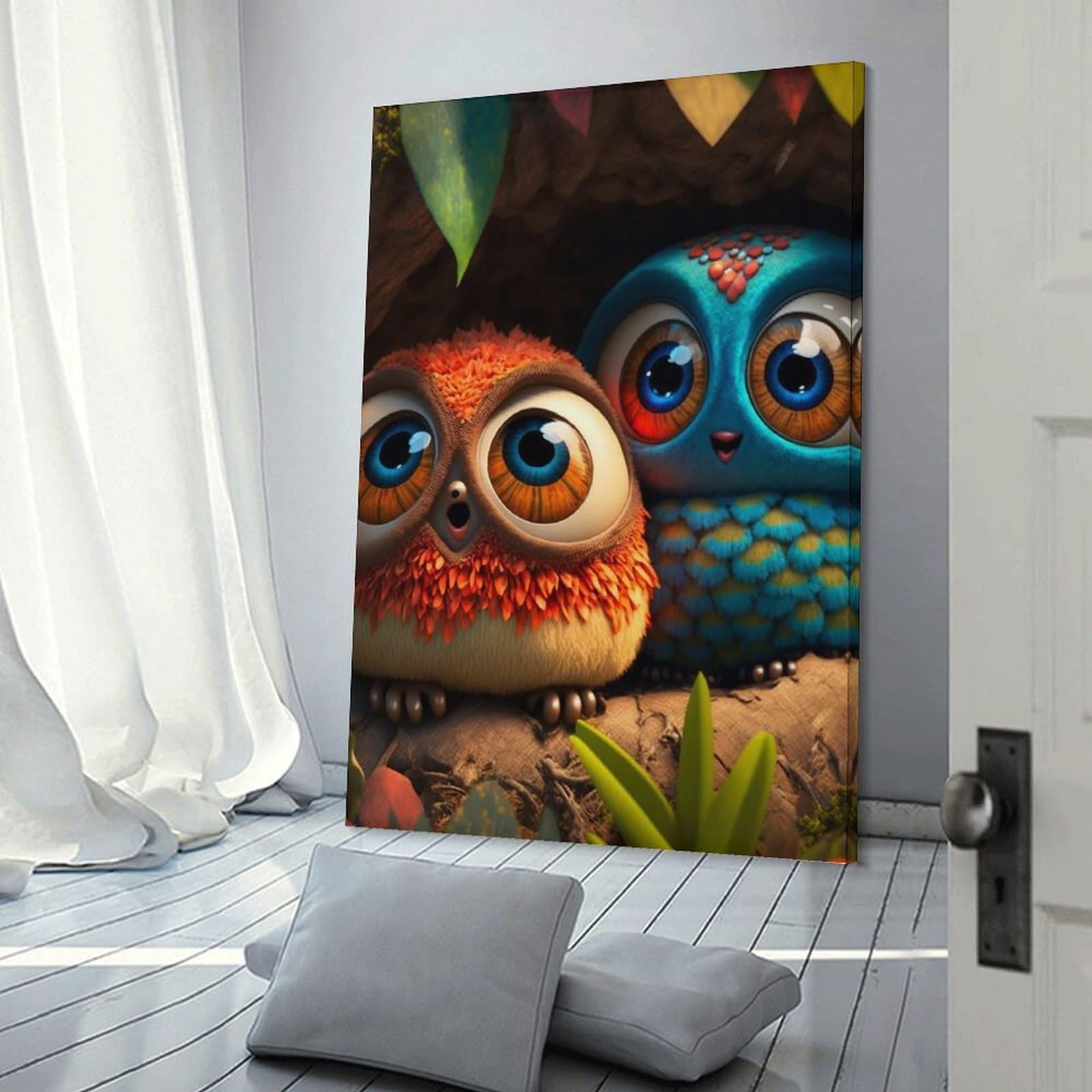 Junmoney Canvas Wall Picture Colorful Owls in Treehouse, 24x36inch(60x90cm), for Hallway, Bedroom Or Modern Interiors, Home Decor Gift with Stylish Appeal