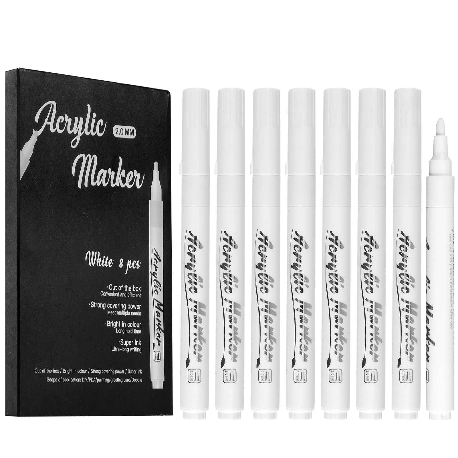 Set de 8 Rotuladores Blancos de Punta Fina para Dibujo en Papel Negro, Bocetos, Madera, Rocas, Neumáticos, Plástico, Cuero y Vidrio - Marcadores Acrílicos Permanentes de Secado Rápido