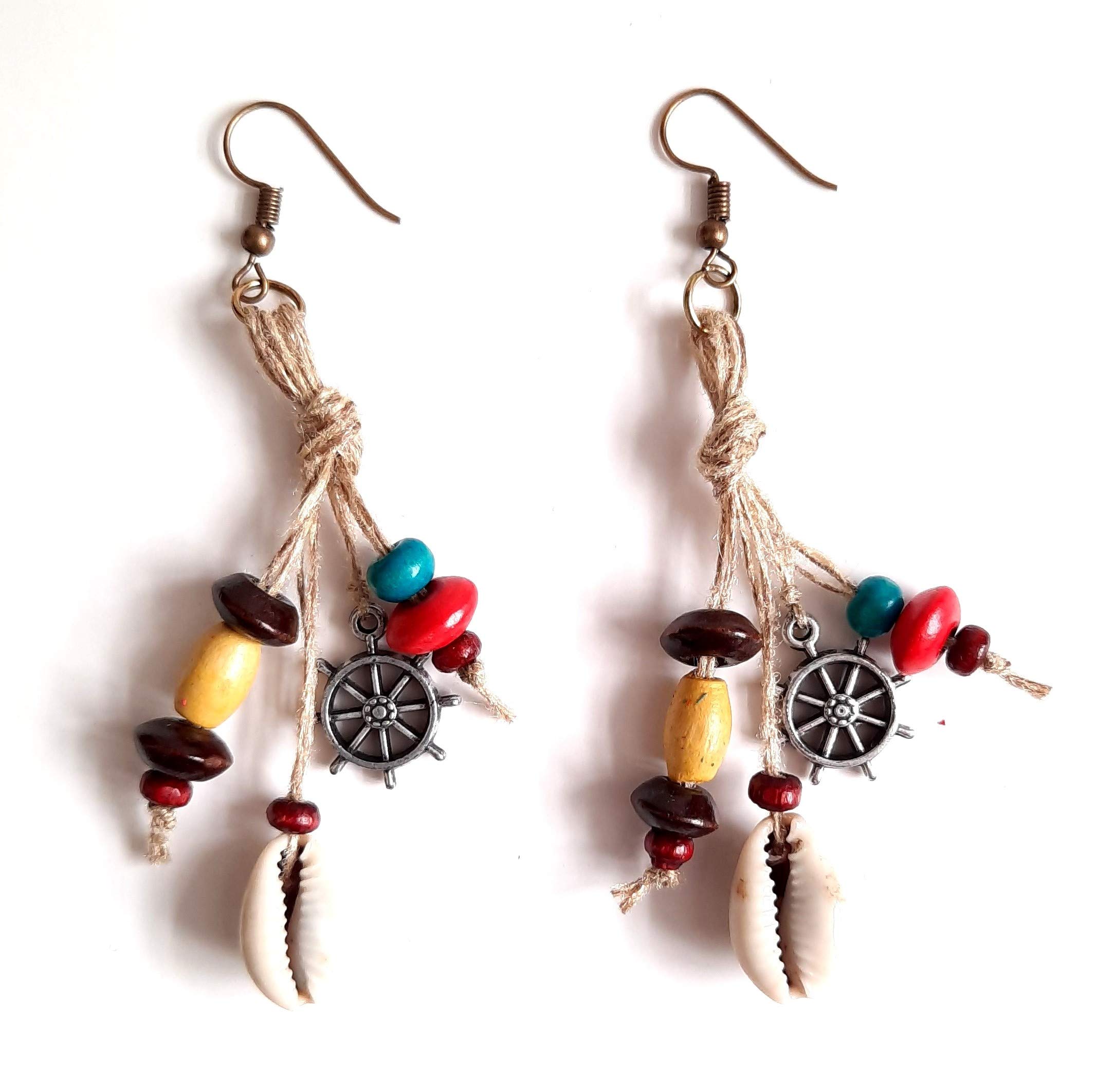 Aayas CreationHanadmade Boho Ship Wheel and Original Cowrie Shell Kodi with Multicolor Wooden Beads with Fine Jute Unique Fringe Thread Earrings for Girls and Women