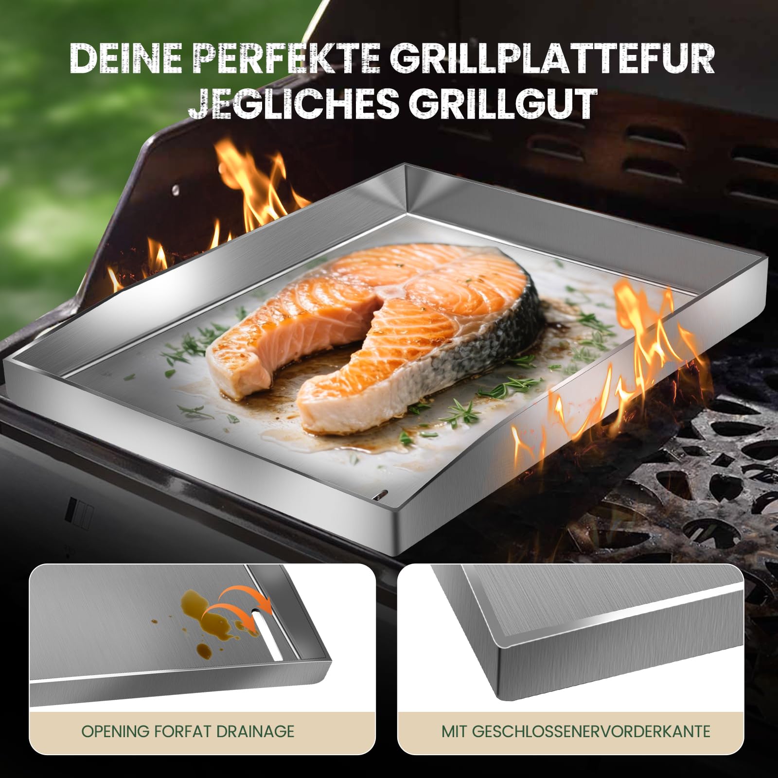 Premium plancha-set met grillspatel, 30 x 40 cm, roestvrij staal, universele grillschaal voor gasgrill en kolengrill, massief 4 mm roestvrij stalen grillplaat