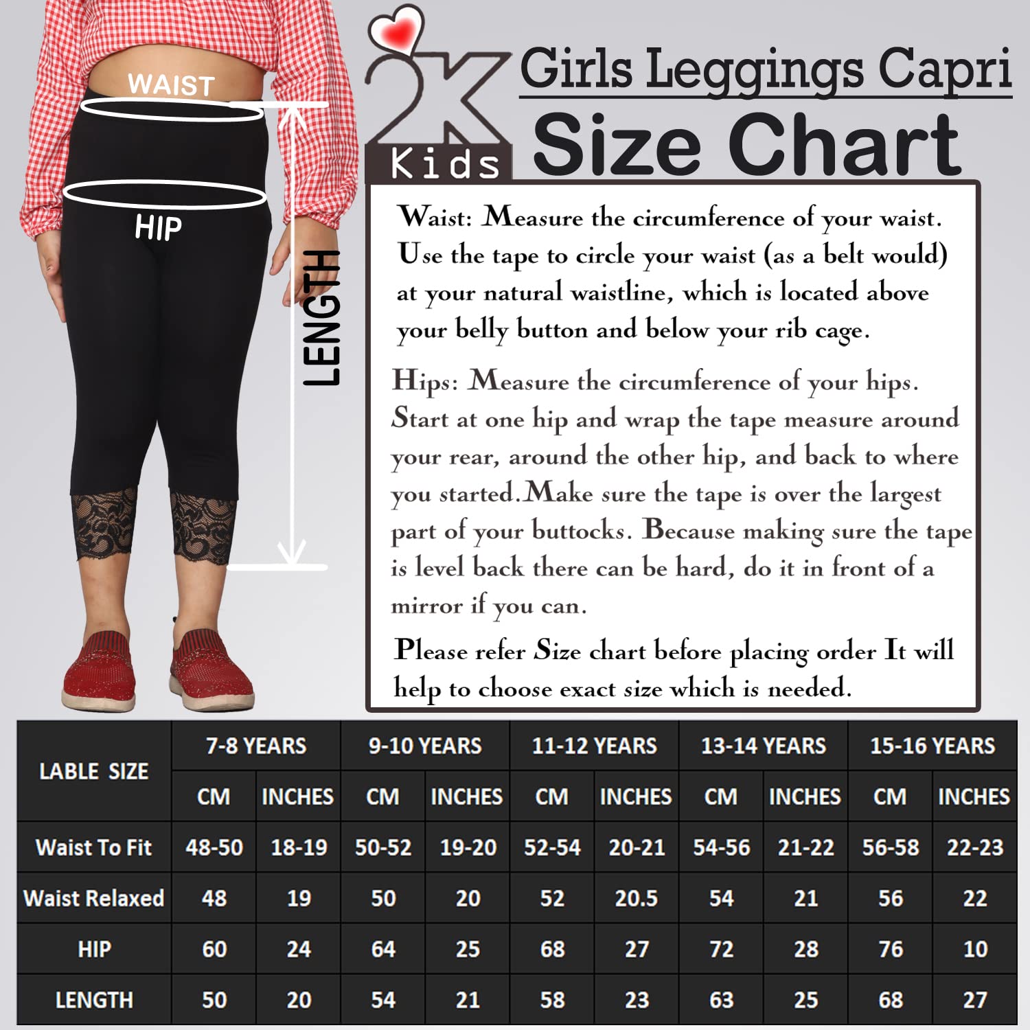 2K Kids Girls Capri Leggings with Lace (White,11-12 Years) - Image 7 thumbnail