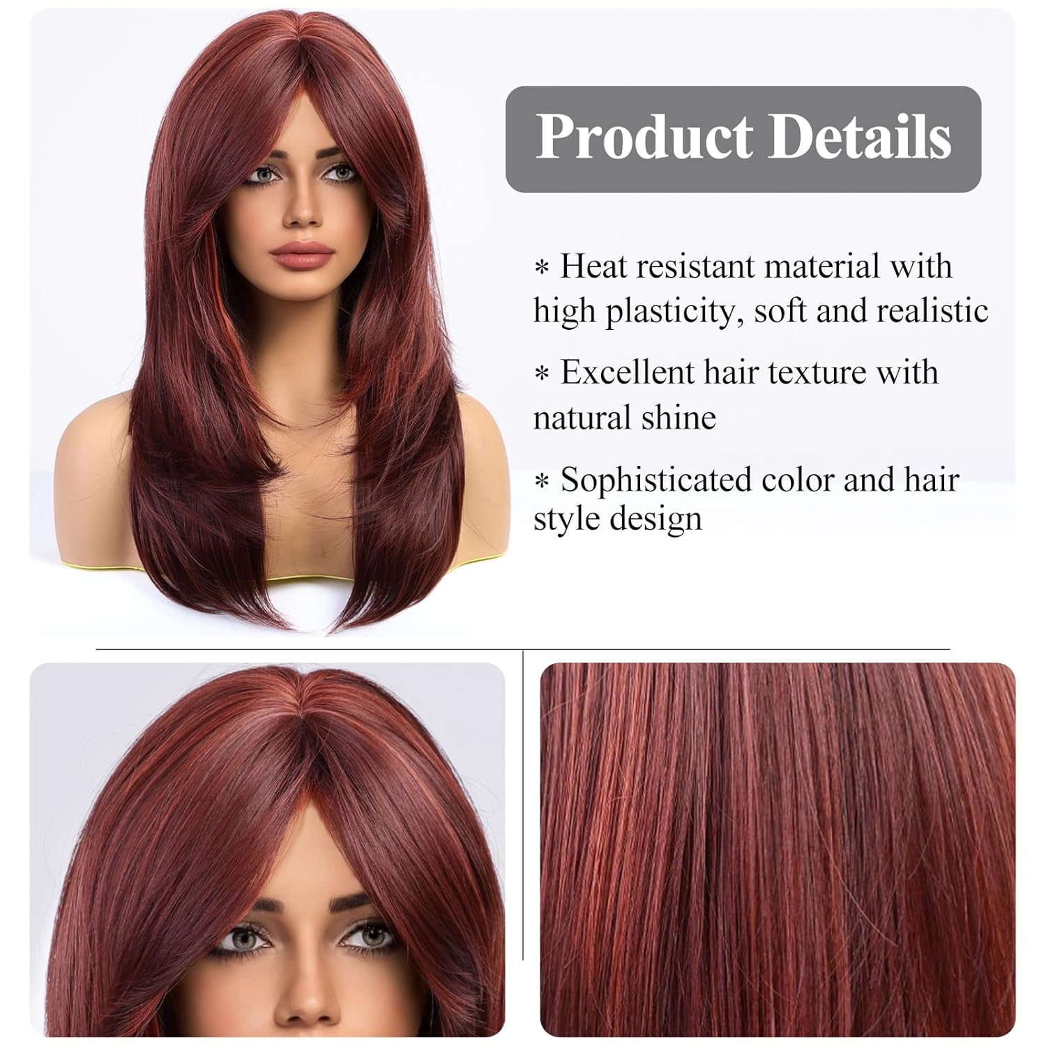 HAIRCUBE Wine Red Wigs for Women,Long Layered Wigs with Bangs Heat Resistant Synthetic Fibre Wigs(pelucas de cabello natural) - Image 3