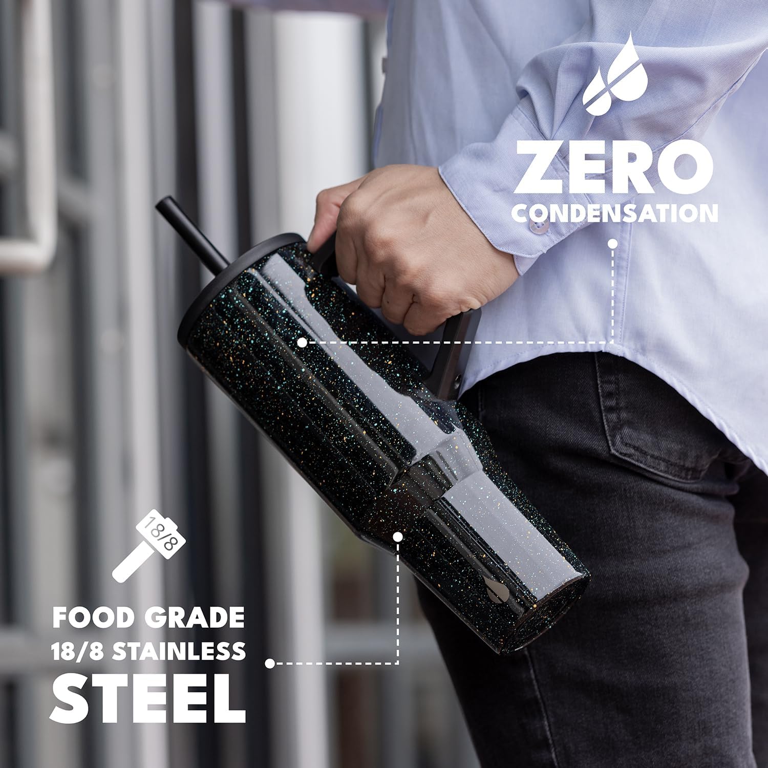 Elemental 40 oz Tumbler with Handle and Straw - Spill Proof Insulated Stainless Steel Commuter for Hot and Cold Beverages - Travel Coffee Mug with 2 Straws & Spill Proof Lid - 40oz - Black Speckle - Image 5