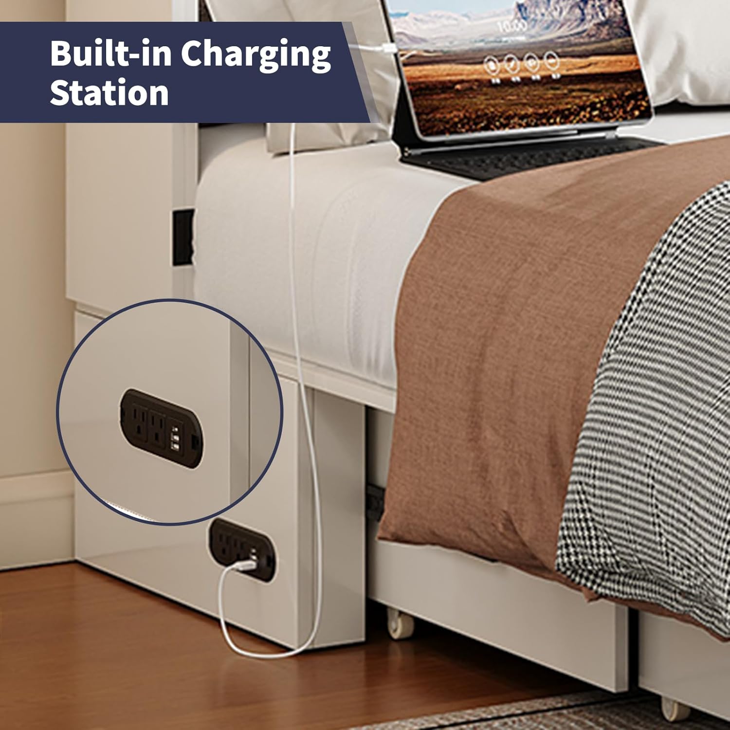 ijuicy Full Murphy Bed with Storage & Multifunctional Charging Station, Farmhouse Murphy Cabinet Bed with Foldable Panel, Space-Saving Beds for Guest Bedroom,Living Room(White & Brown, with Mattress)
