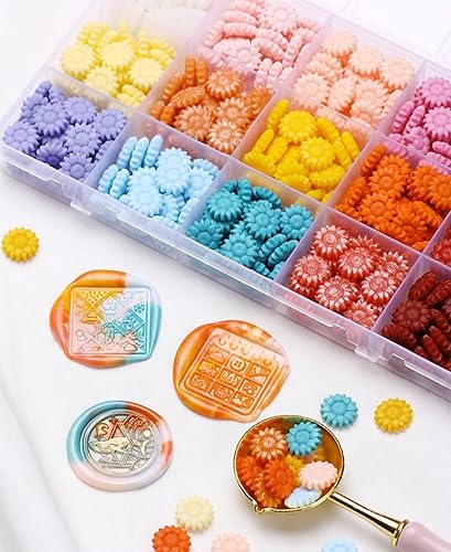 Miniatura 6 de Cuentas de cera de sellado, cuentas de sellado de cera de sellado de girasol, hermoso color pastoral, 624 piezas con 4 velas de té y 1 cuchara de