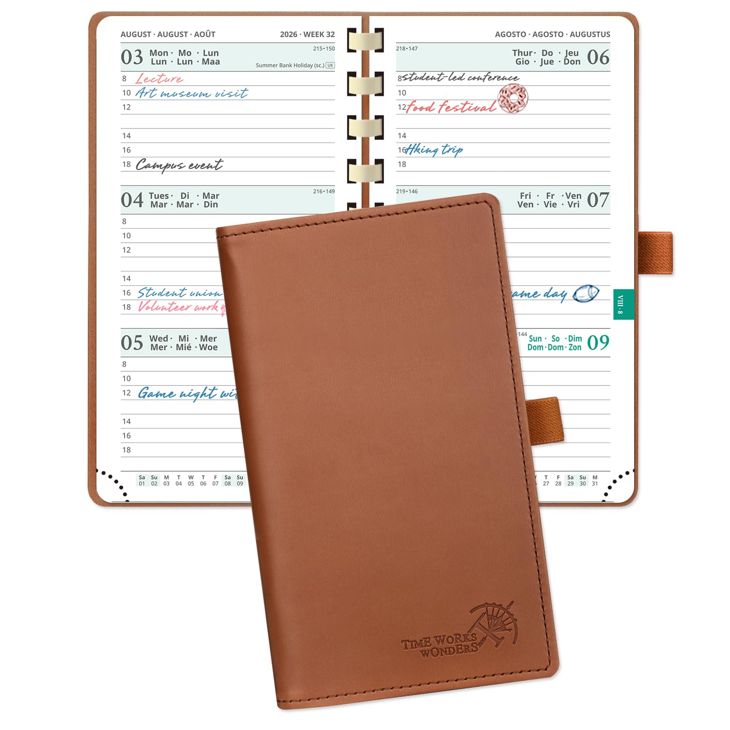POPRUN Academic Pocket Diary 2026-2027 Slim (16.5x9 cm) Week to View Spiral 17 Months (Aug'26 - Dec'27) Small for Bag,Mid Year Weekly Planner PU Leather Cover(Brown) — image 1
