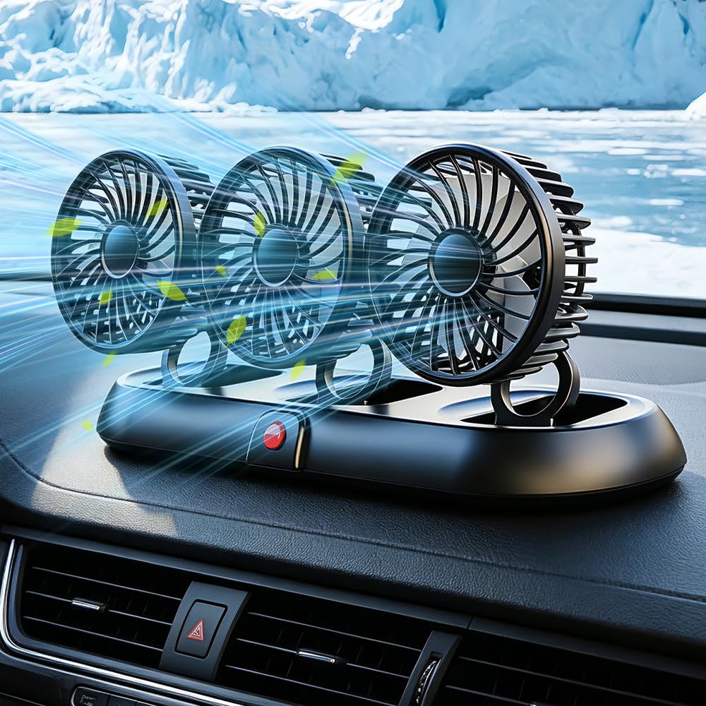 Ventilateur de voiture 12 V, ventilateur de voiture avec 3 vitesses, ventilateur de voiture portable rotatif à 360 °, ventilateur de voiture 12 V, ventilateur à trois têtes pour voitures, vans