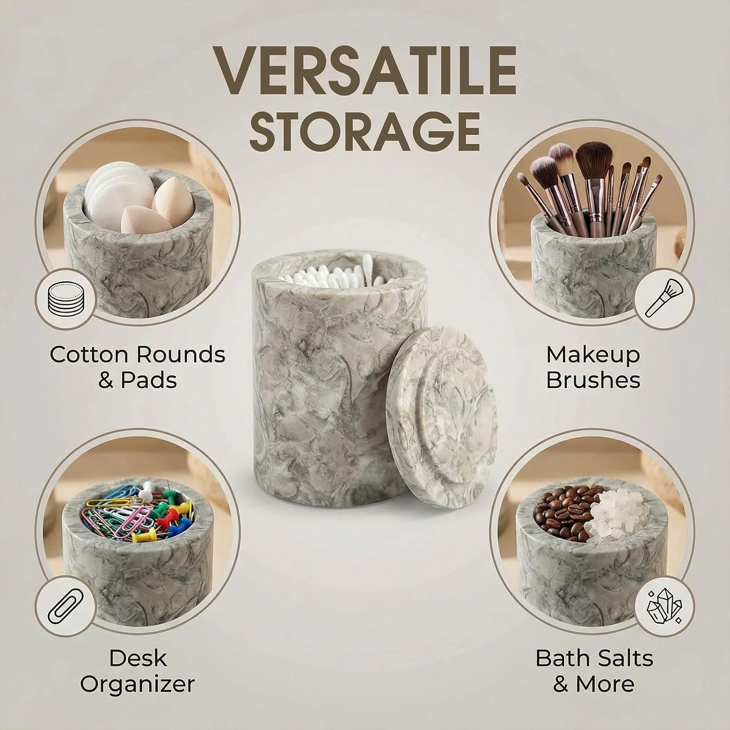 Marble Qtip Holder Dispenser with Lid for Cotton Swabs,Balls,Floss Picks for Bathroom Essentials Decor, Vanity Makeup Storage Organizer (Grey, Normal)
