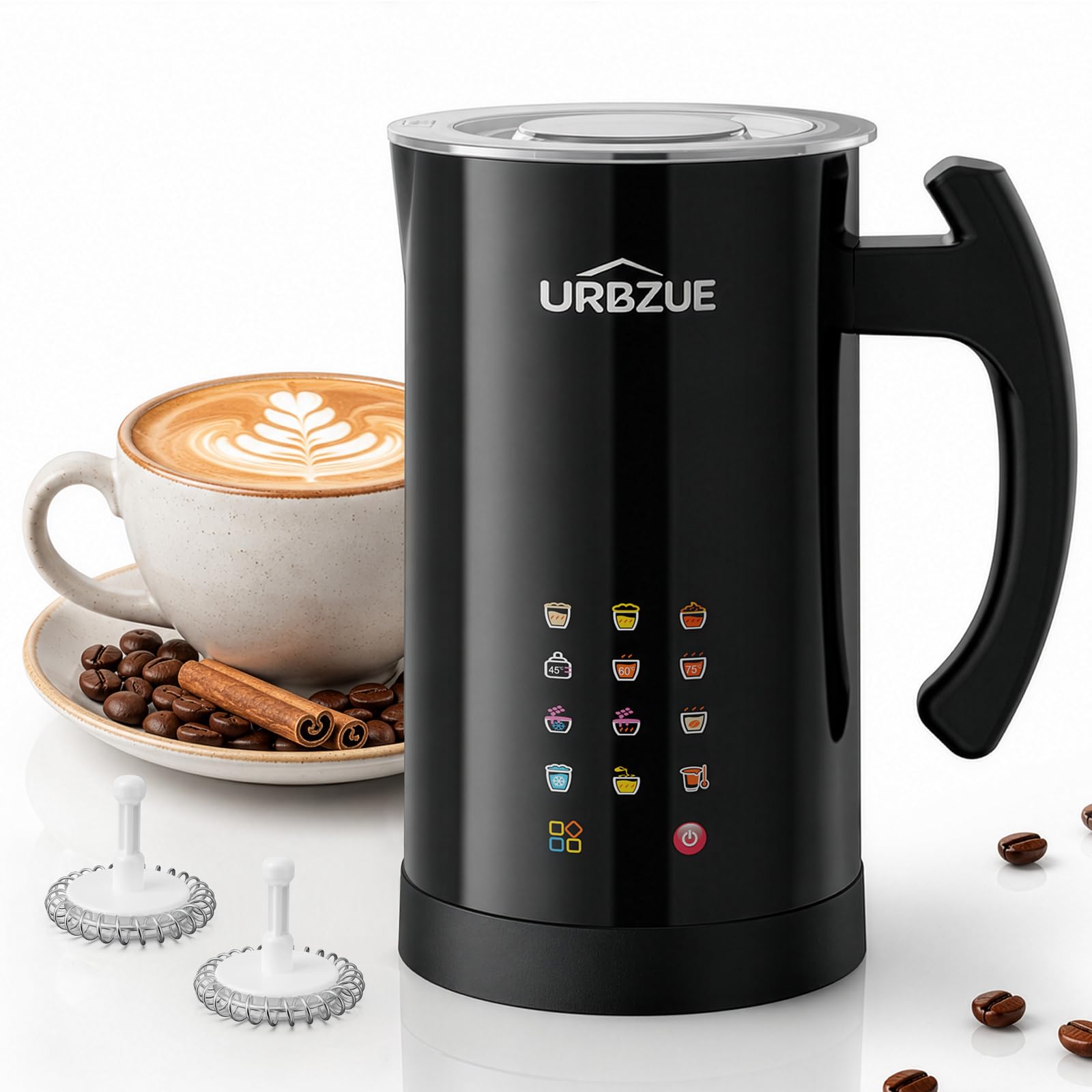 URBZUE 12 in 1 Electric Milk Frother, 600 ml Milk Warmer, 12 Programs, Quiet, Replacement Whisk, for Hot and Cold Milk Foam, Hot Chocolate, Latte and Cappuccino