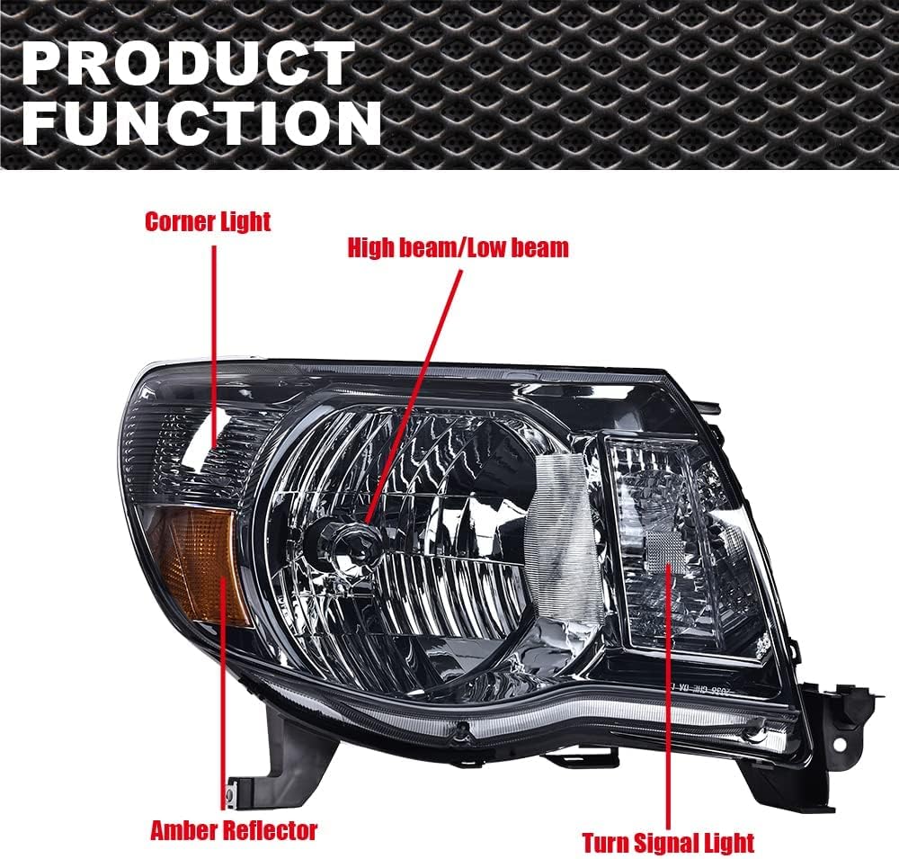 PIT66 Headlight Assembly Compatible with Toyota Tacoma 2005 2006 2007 2008 2009 2010 2011 Replacement Headlamp Left and Right Lamps Accessories (Smoky Lens Chrome Housing Amber Reflector)