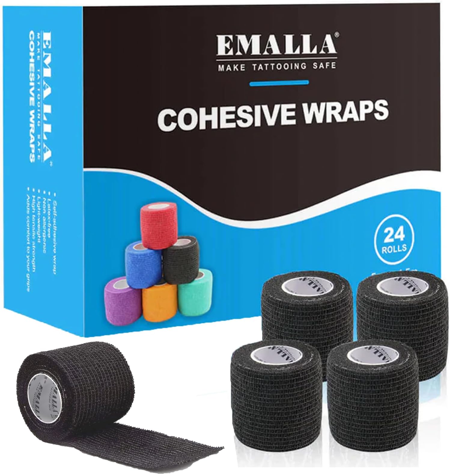 24 Pack Tattoo Grip Tape Self Adhesive Bandages Wrap Cohesive Wrap 2" x 5 Yards Tattoo Grip Tape Gun Wrap Non Woven Elastic Tattoo Tape for Sports,Vet, Tattoo(Black)
