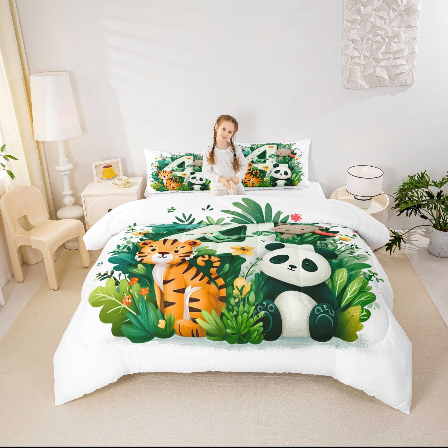 Parure de lit microfibre brossée douce motif feuilles vertes