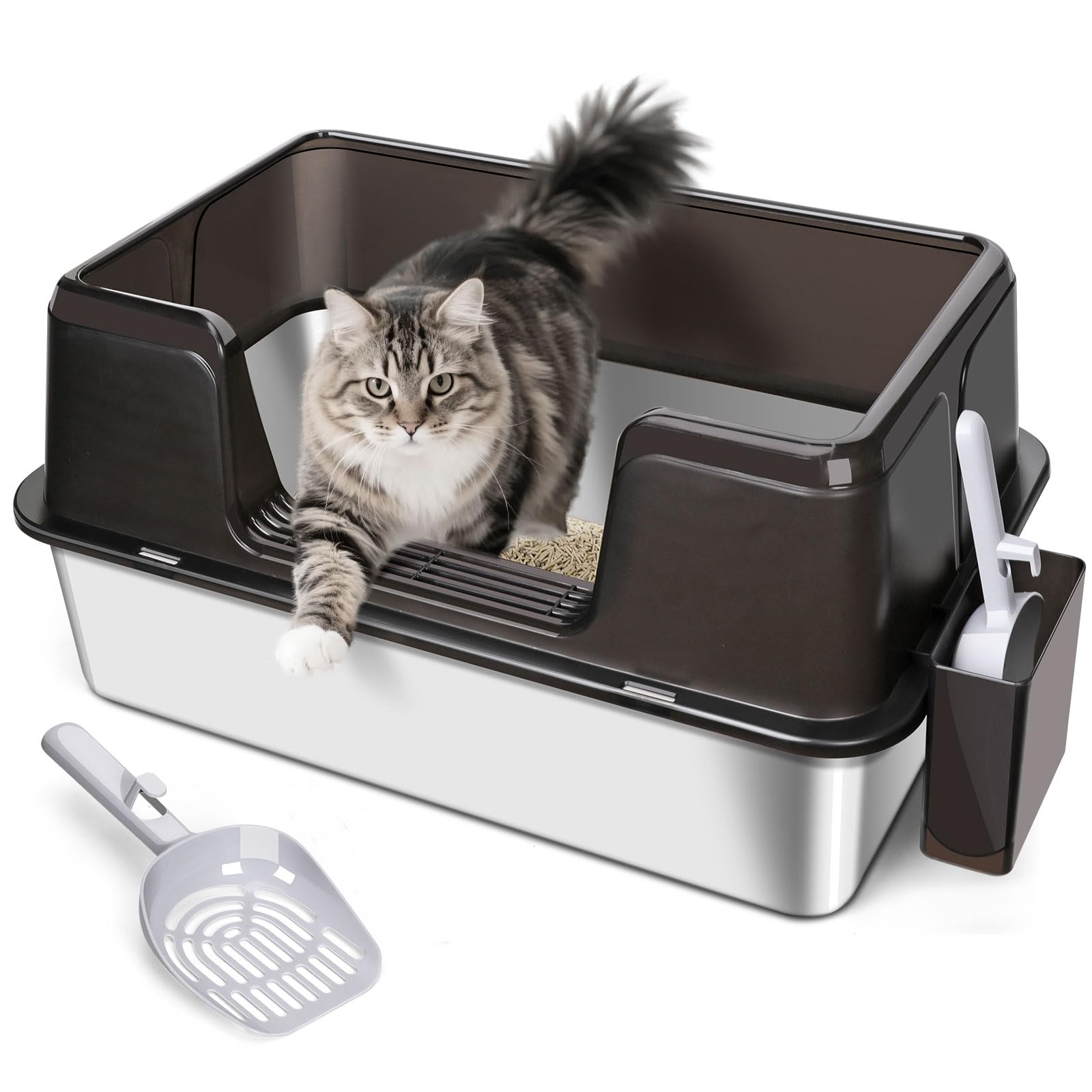 Roestvrij staal Cat vuilnisbak met lip, grote gesloten vuilnisbak, Cat vuilnisbak voor middelgrote grote katten, gemakkelijk schoon te maken, geurbeheersing, 180 ° Flip-Top - wit