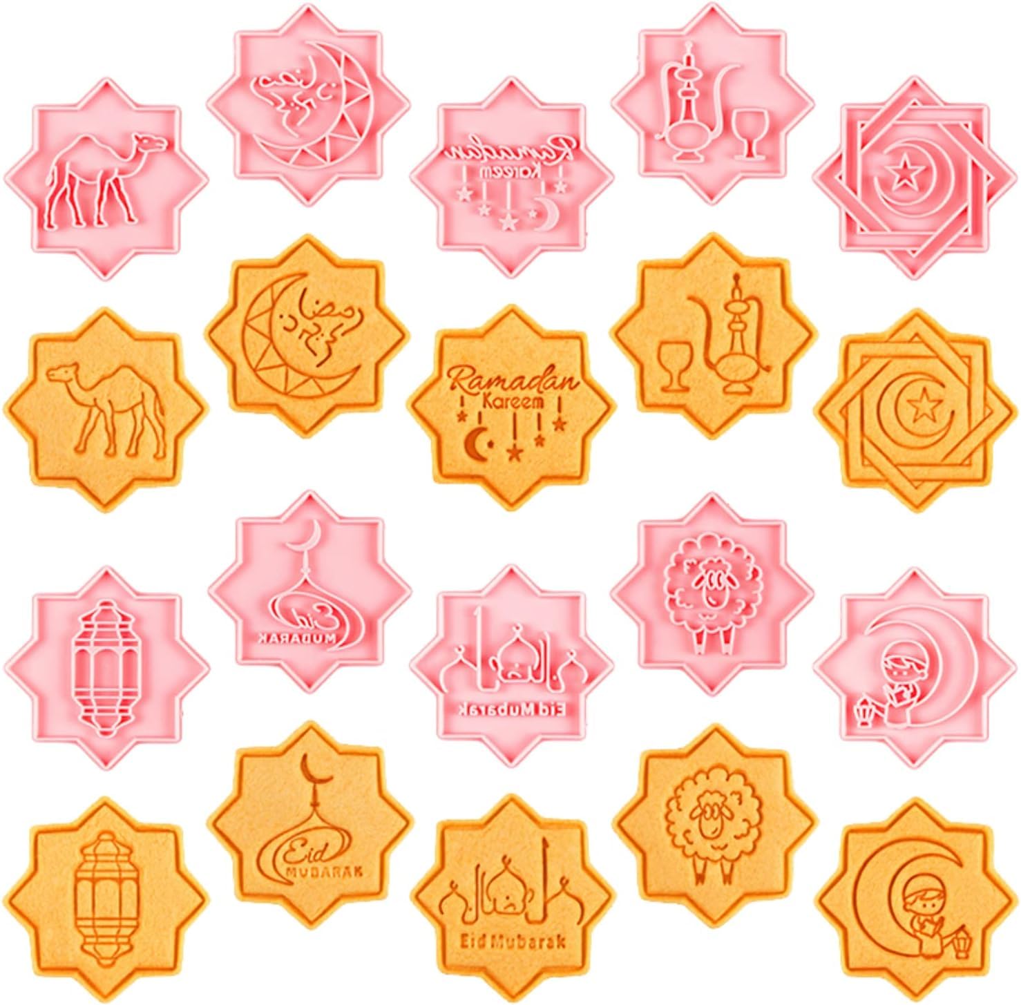 SAHENITEANA 10 Pieces Ramadan Cookie Cookie Cutters Eid Cookie Cutter Set,Plastic Biscuit Cutters Set-Octagonal Star Shaped Eid Element Cookie.