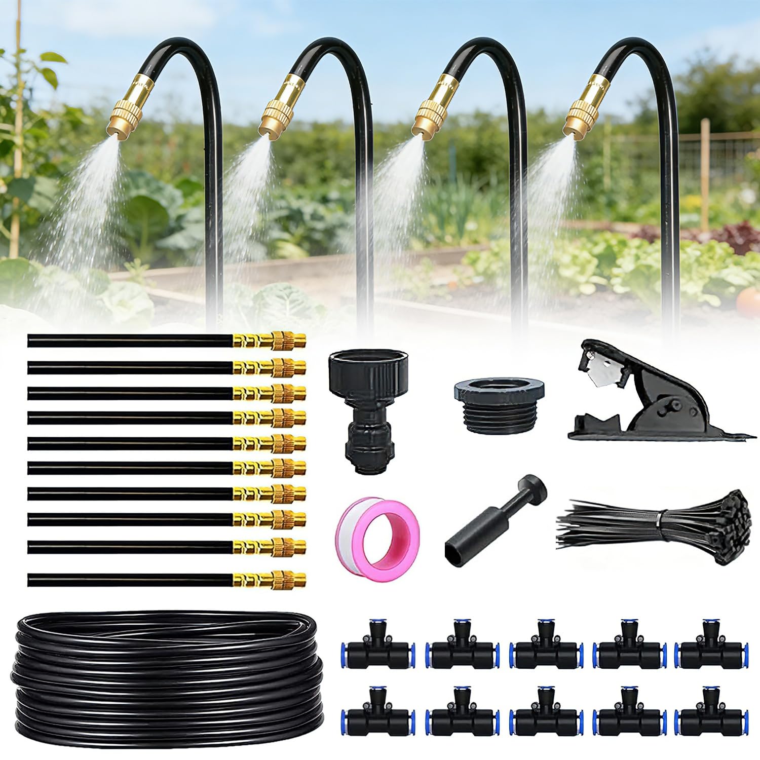 Système Arrosage de Jardin 360°, 10m système d'irrigation automatique à 360°, Système d'irrigation jardin réglable à 360, Kit D'irrigation de Brouillard, pour arrosage des plantes paysagères, jardin