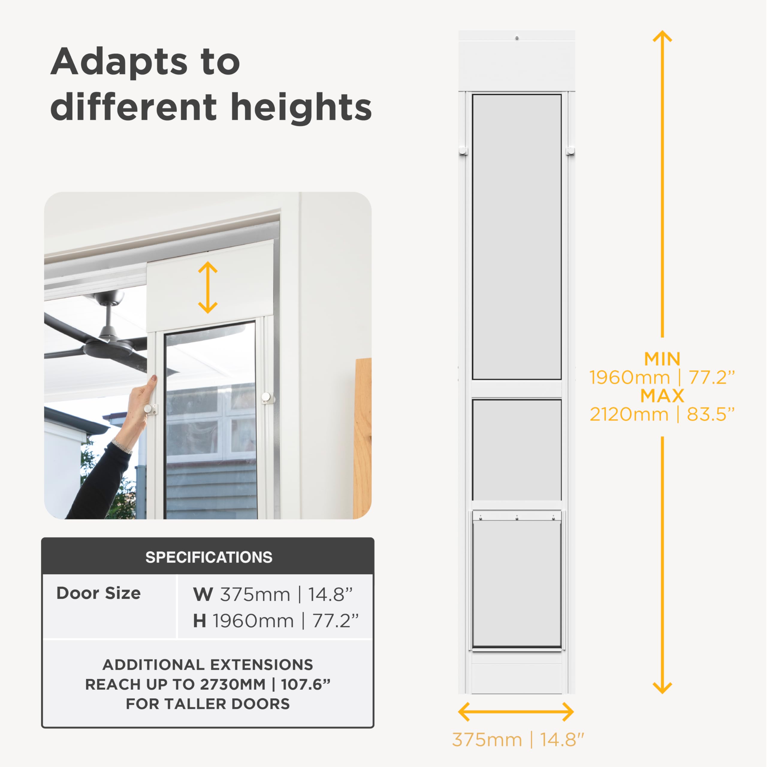 Hakuna Pets Puerta de cristal blanco para patio para mascotas para puertas corredizas de vidrio, grande | Altura ajustable de 77.2 a 83.5 pulgadas, instalación sin daños o permanente, marco de