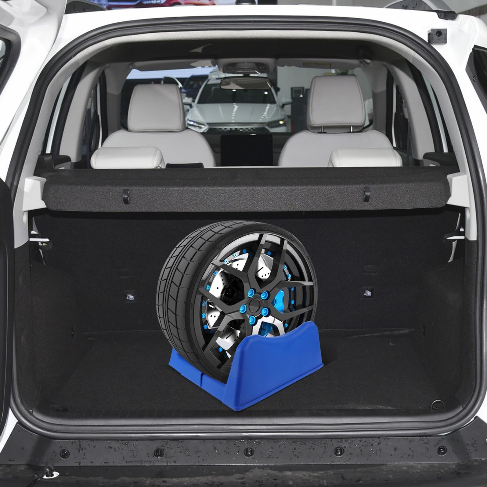 Reifenpräsentationsständer mit Minimalistischer Struktur Basis aus Kunststoff für Praktische Aufbewahrung von Autoreifen im Blauen Design für Heimgebrauch